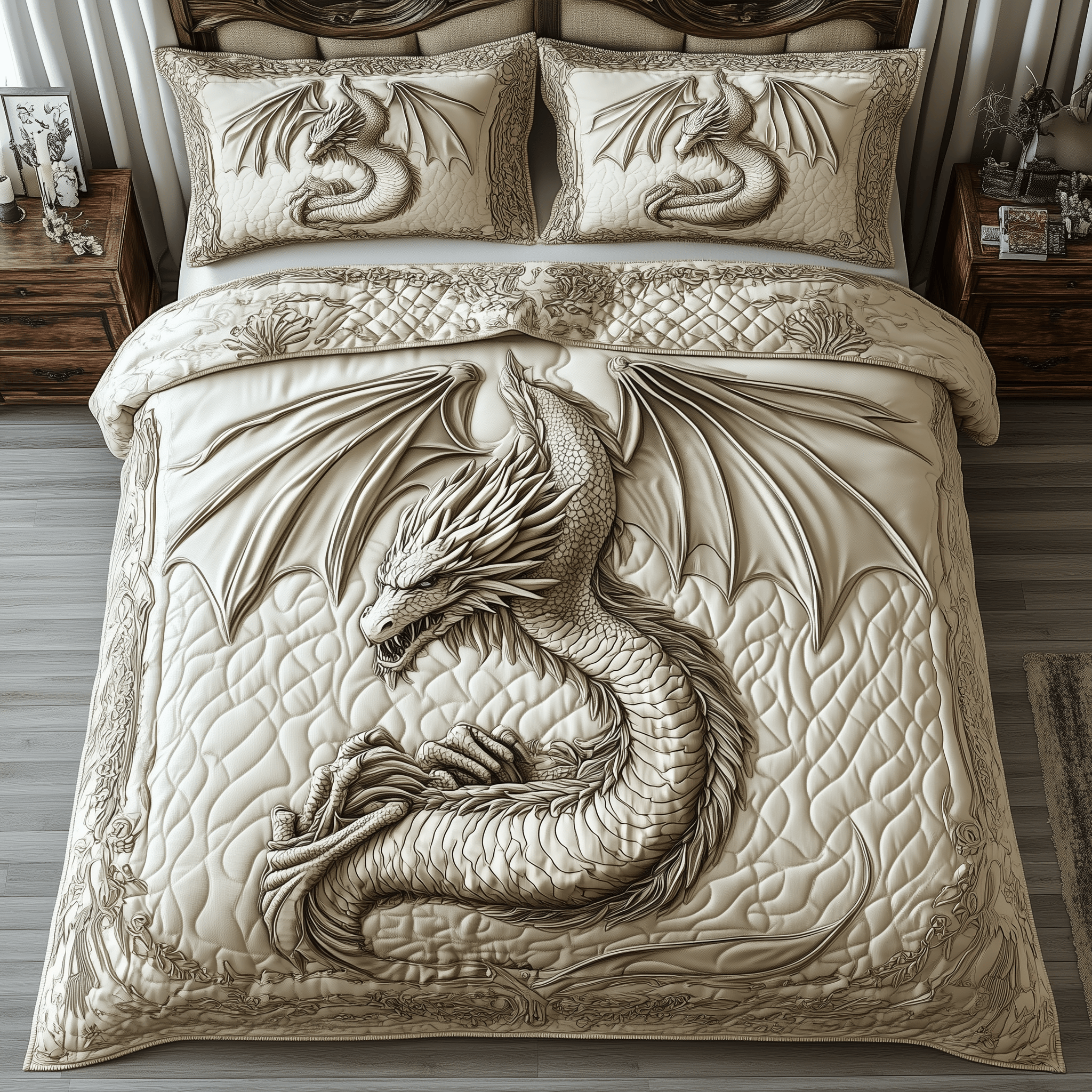 Magnificent White Dragon Quilted Bedding Set Unique Valentines Duvet Cover Set Dragonfly Gifts For Mom