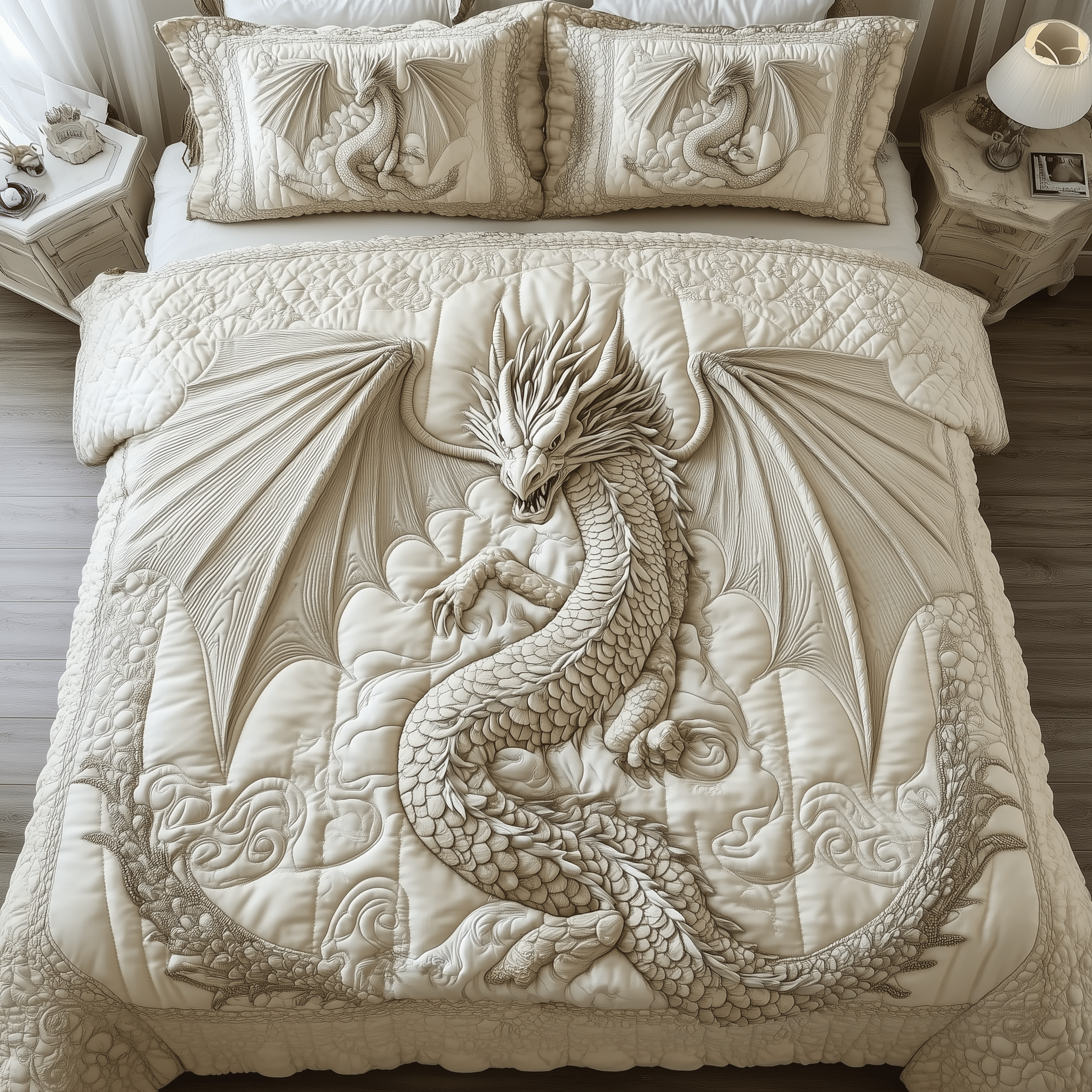 Magnificent White Dragon Quilted Bedding Set Unique Valentines Duvet Cover Set Dragonfly Gifts For Women