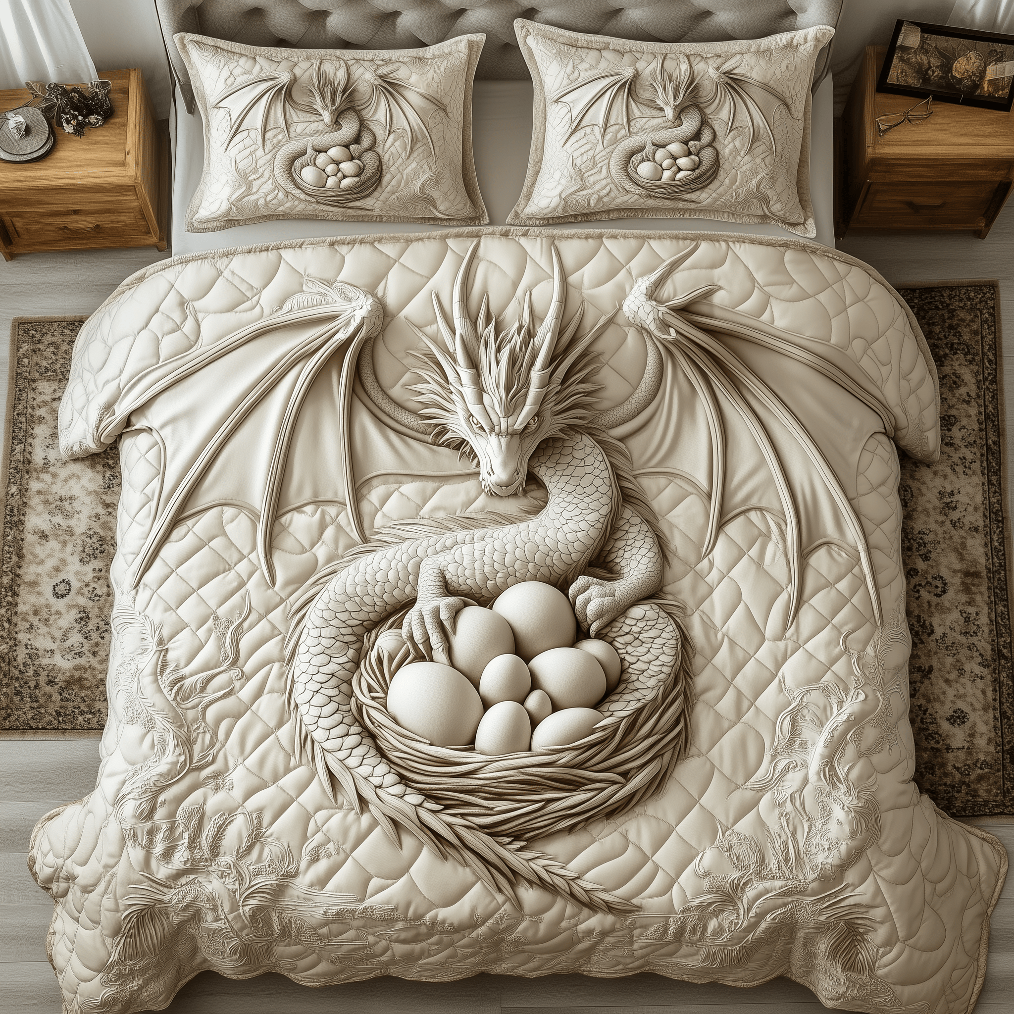 Magnificent White Dragon Quilted Bedding Set Unique Valentines Duvet Cover Set Dragonfly Themed Gifts