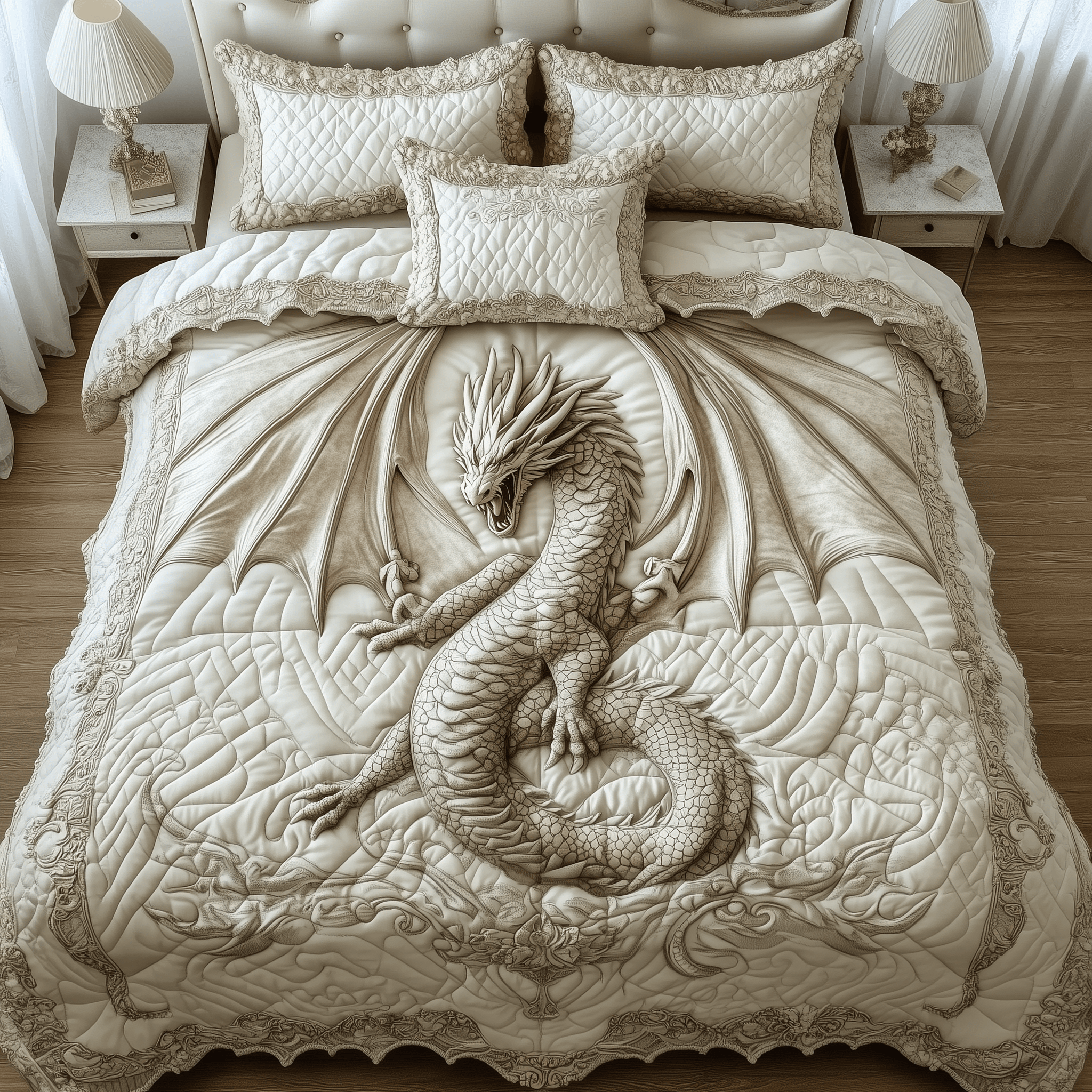 Magnificent White Dragon Quilted Bedding Set Unique Valentines Duvet Cover Set Gift For Someone Who Loves Dragonflies