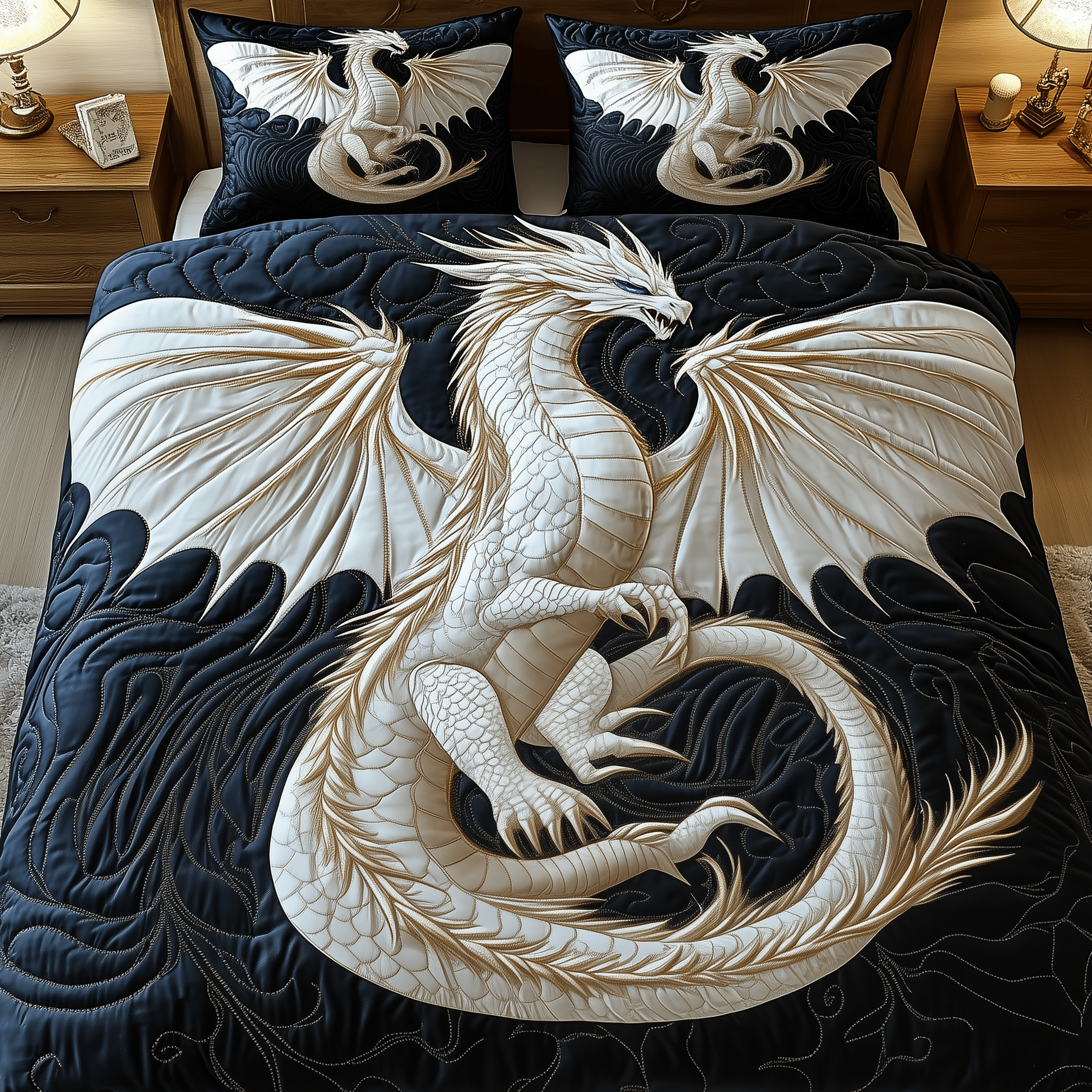 Majestic Dragon Quilted Bedding Set Unique Valentines Duvet Cover Set Dragon Gifts For Her