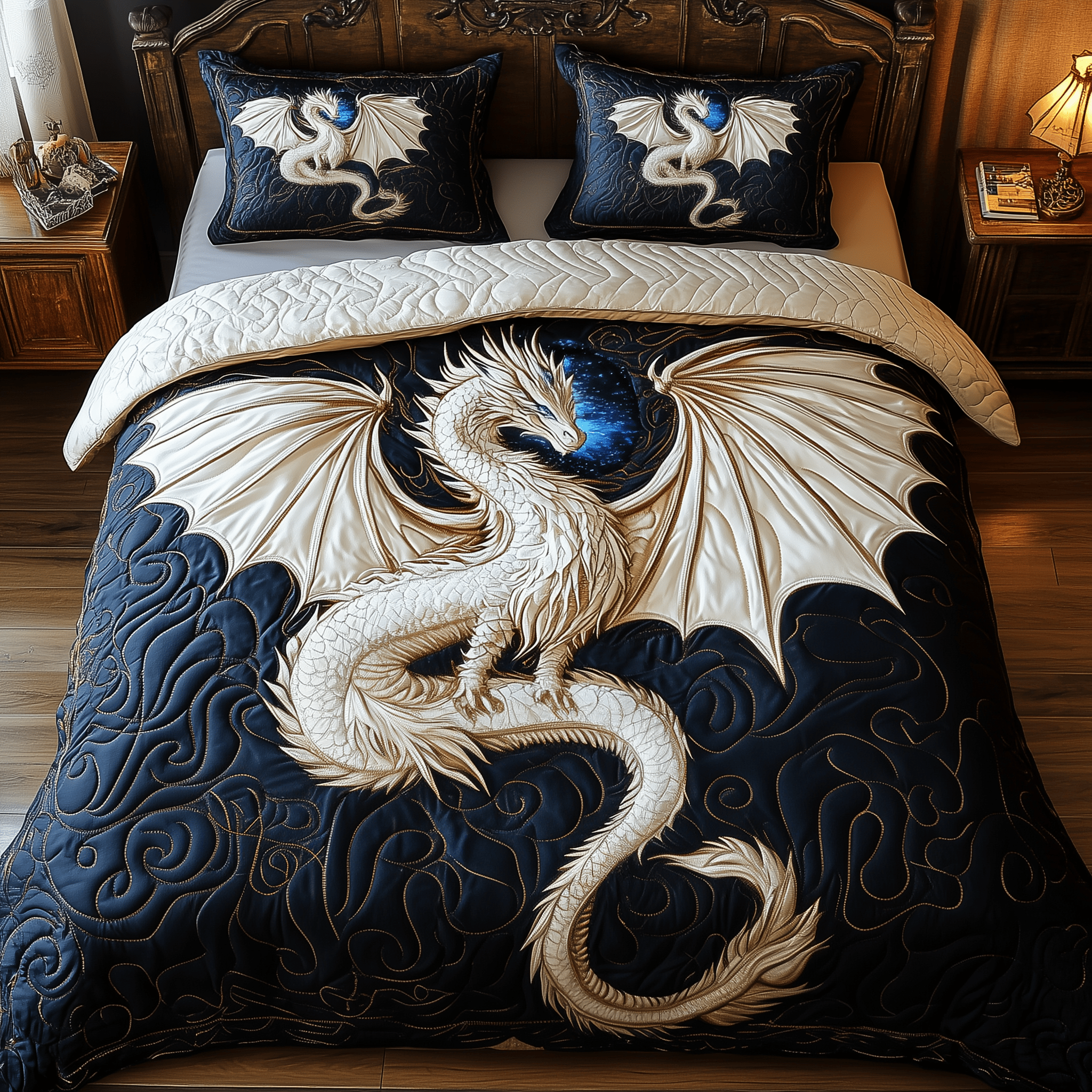Majestic Dragon Quilted Bedding Set Unique Valentines Duvet Cover Set Dragonfly Gifts For Her