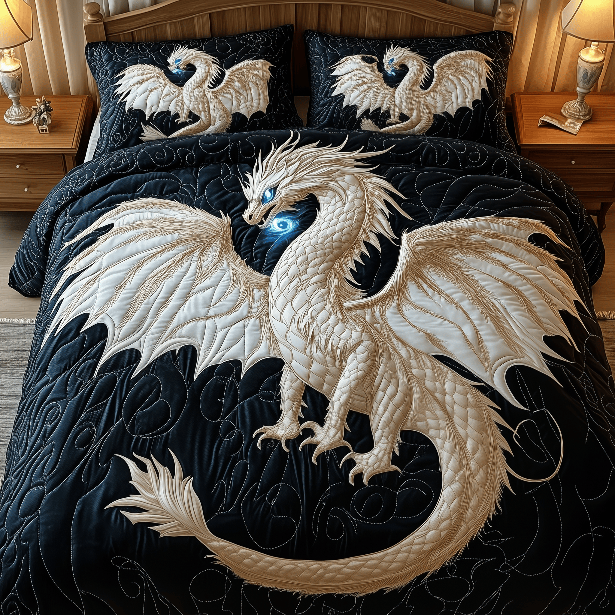 Majestic Dragon Quilted Bedding Set Unique Valentines Duvet Cover Set Gift For Dragon Lover