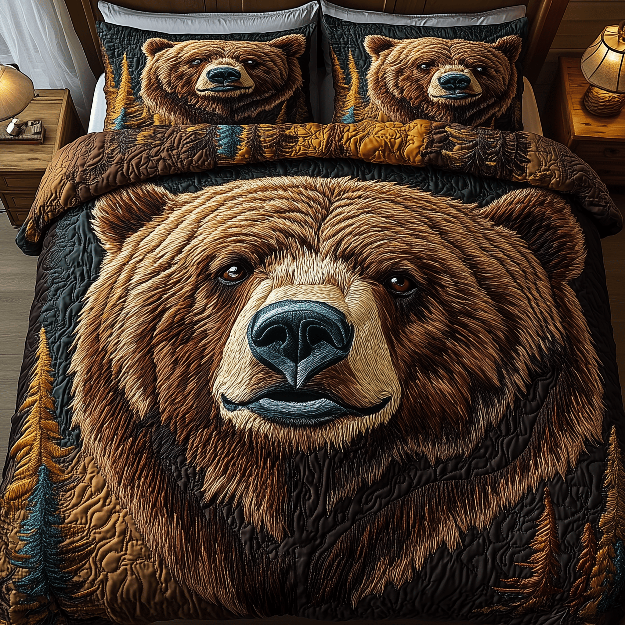 Majestic Grizzly Bear Quilted Bedding Set Best Valentines Duvet Cover Set Bear Gifts For Him