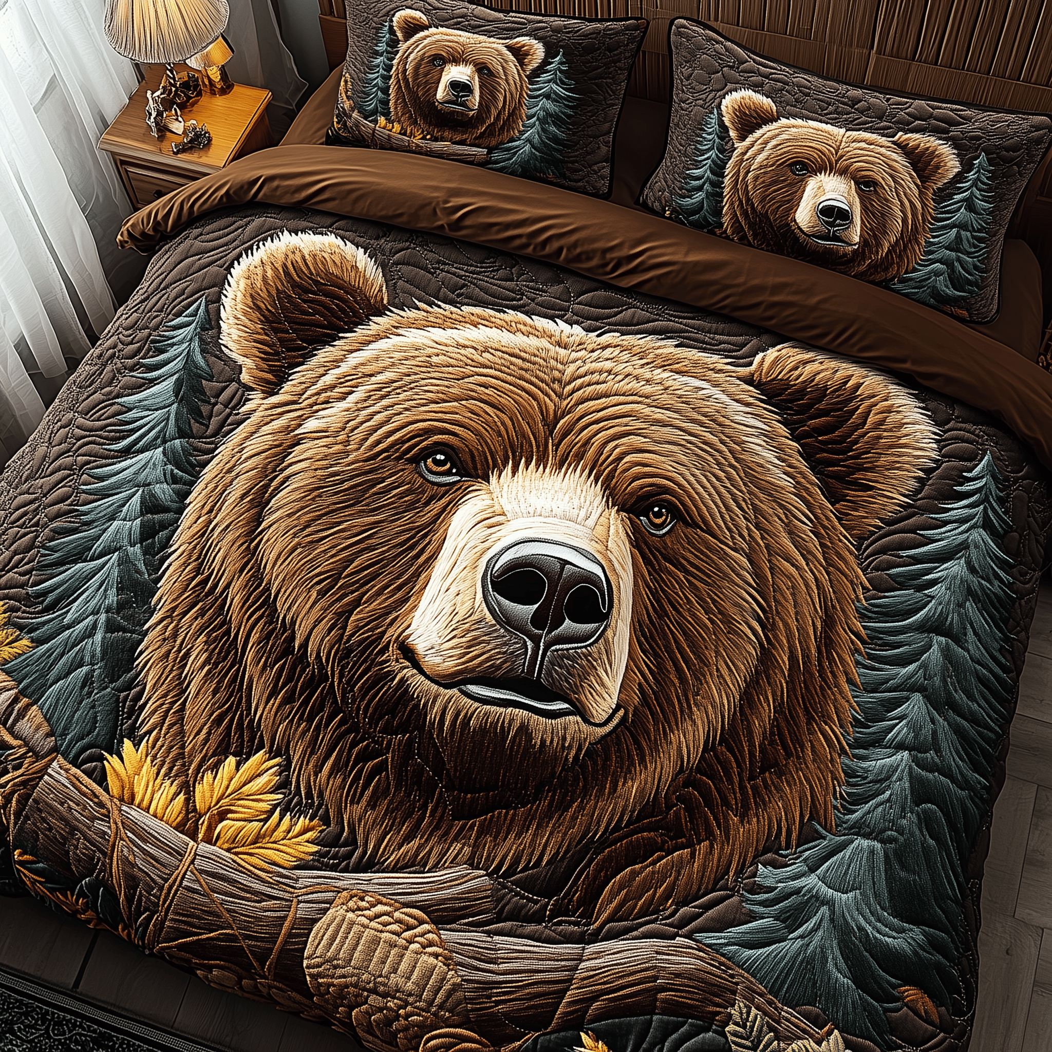 Majestic Grizzly Bear Quilted Bedding Set Best Valentines Duvet Cover Set Best Gifts For Mom