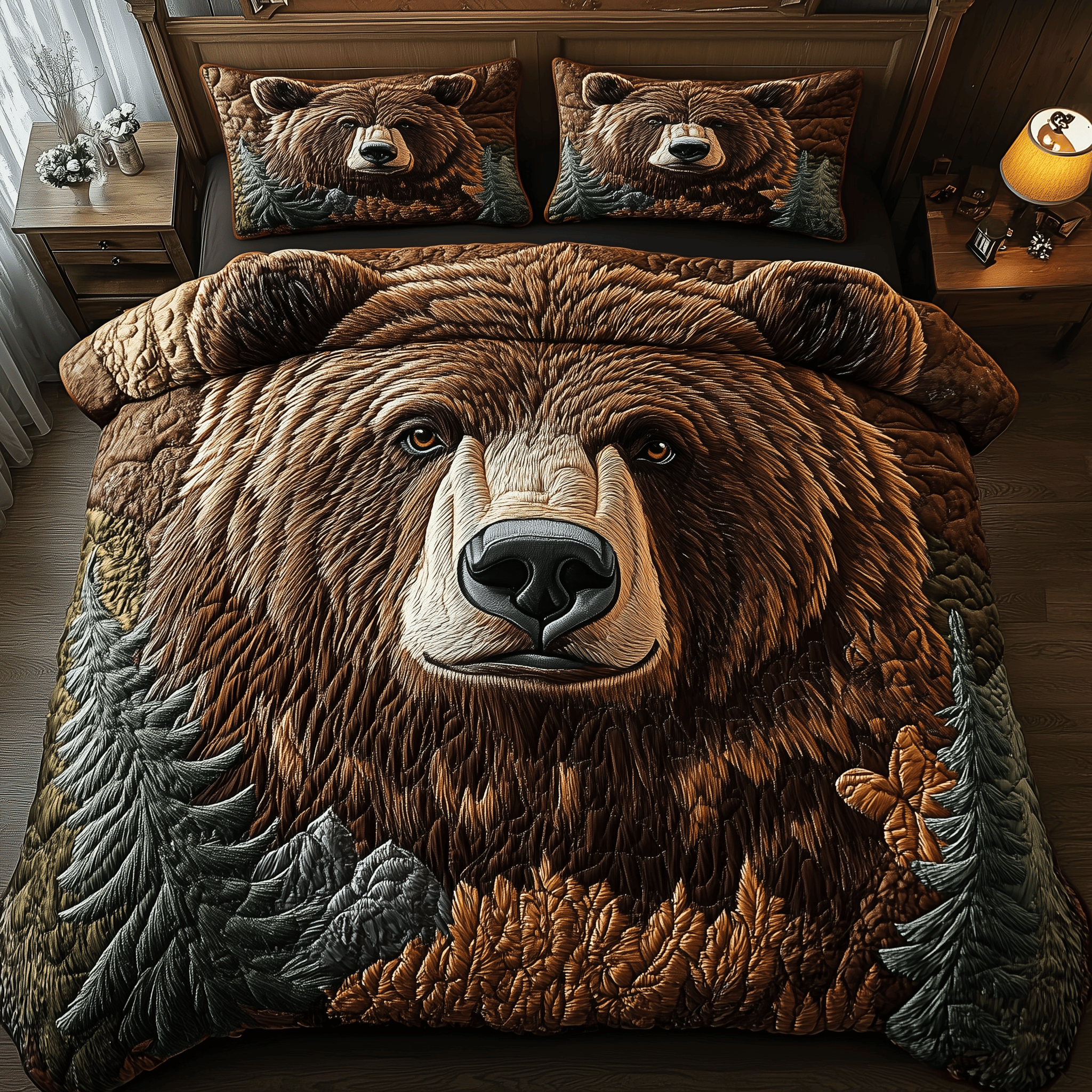 Majestic Grizzly Bear Quilted Bedding Set Best Valentines Duvet Cover Set Presents For Mum