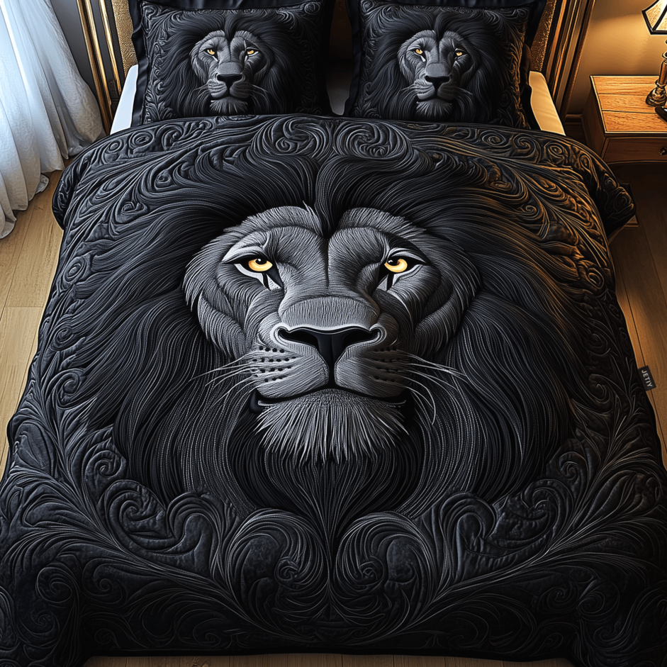 Majestic Lion Black Quilted Bedding Set Gifts For Lion Lovers Birthday Gifts For Friends