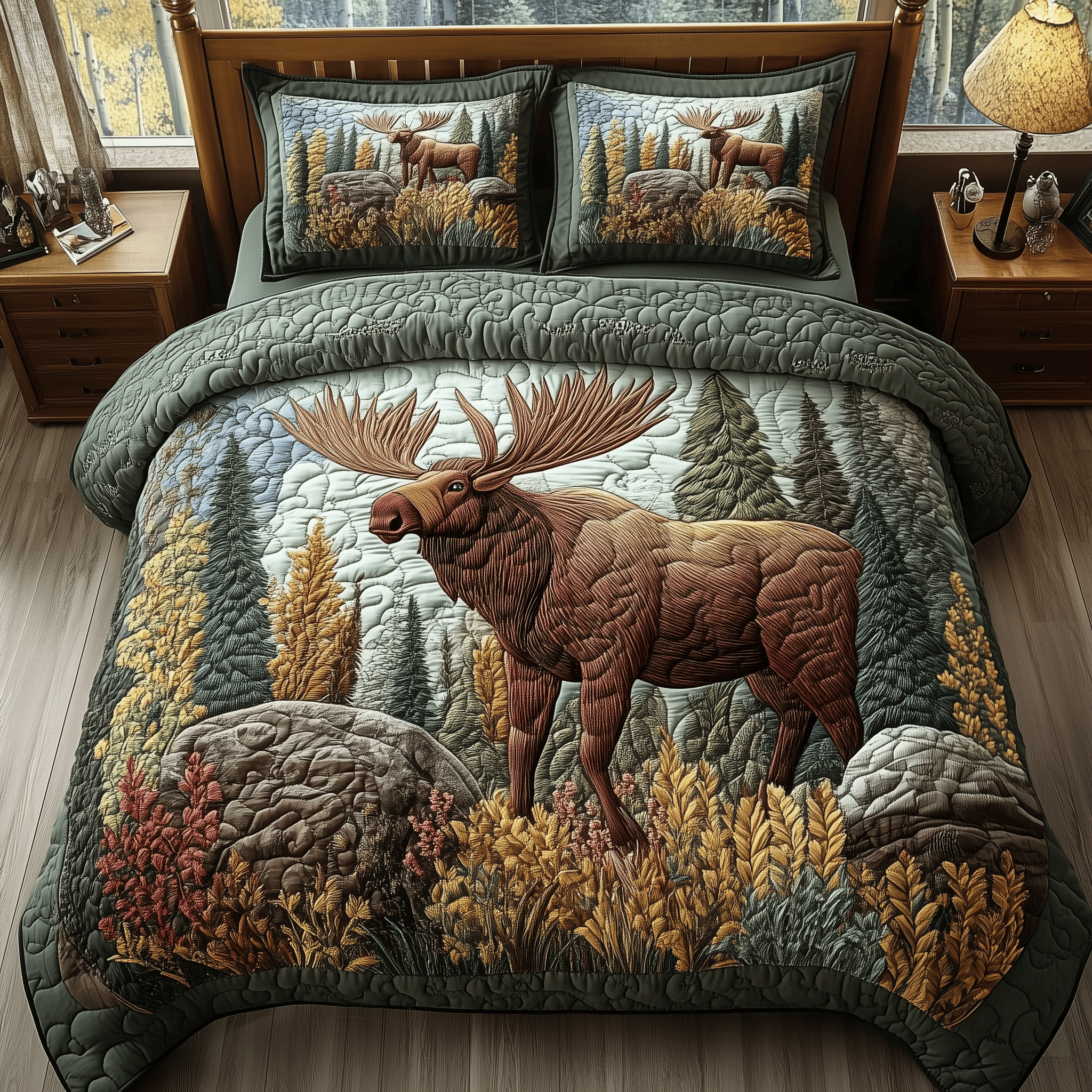 Majestic Moose Quilted Bedding Set Duvet Cover Bedspread Set Item Bonus Dad Gifts