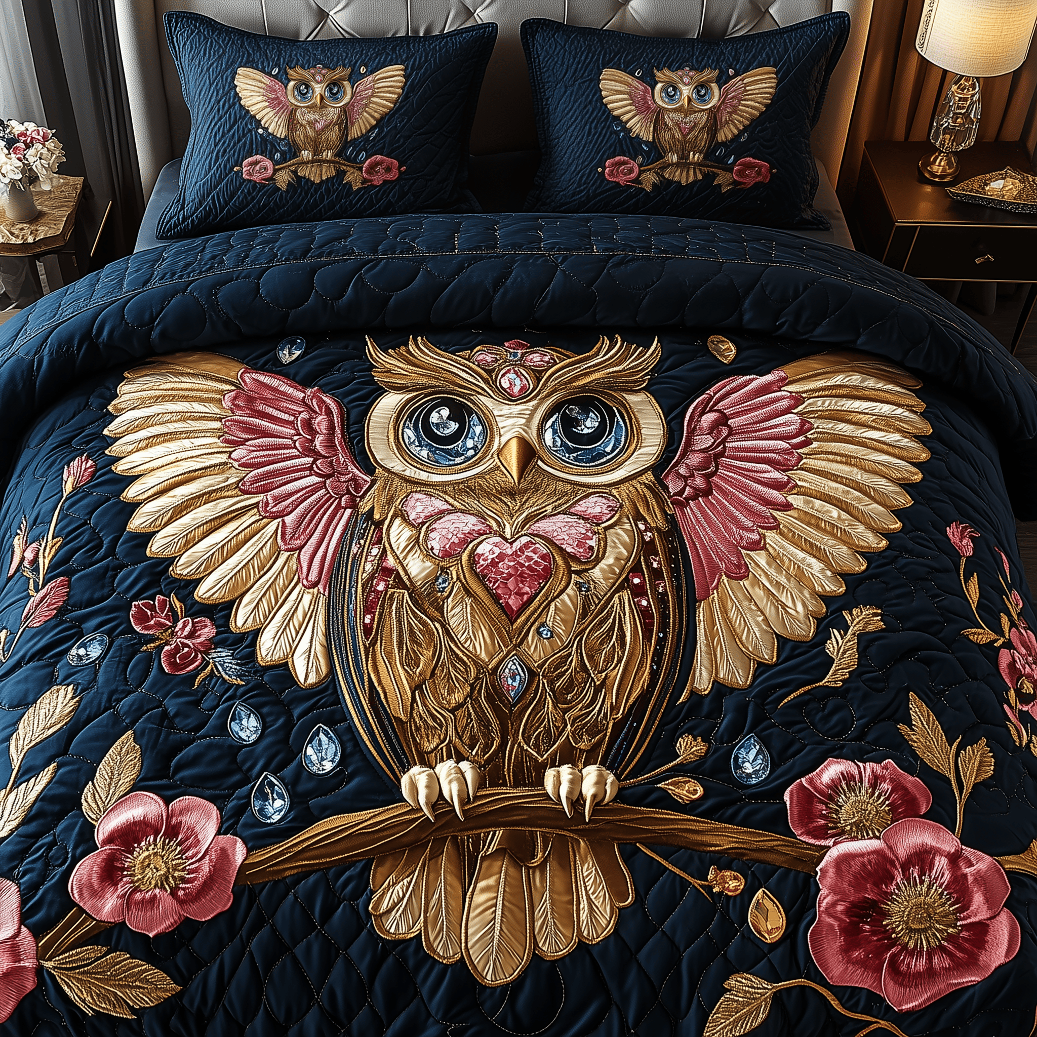 Majestic Owl Bloom Quilted Bedding Set Duvet Cover Bedspread Set Items Gifts For Owl Lovers