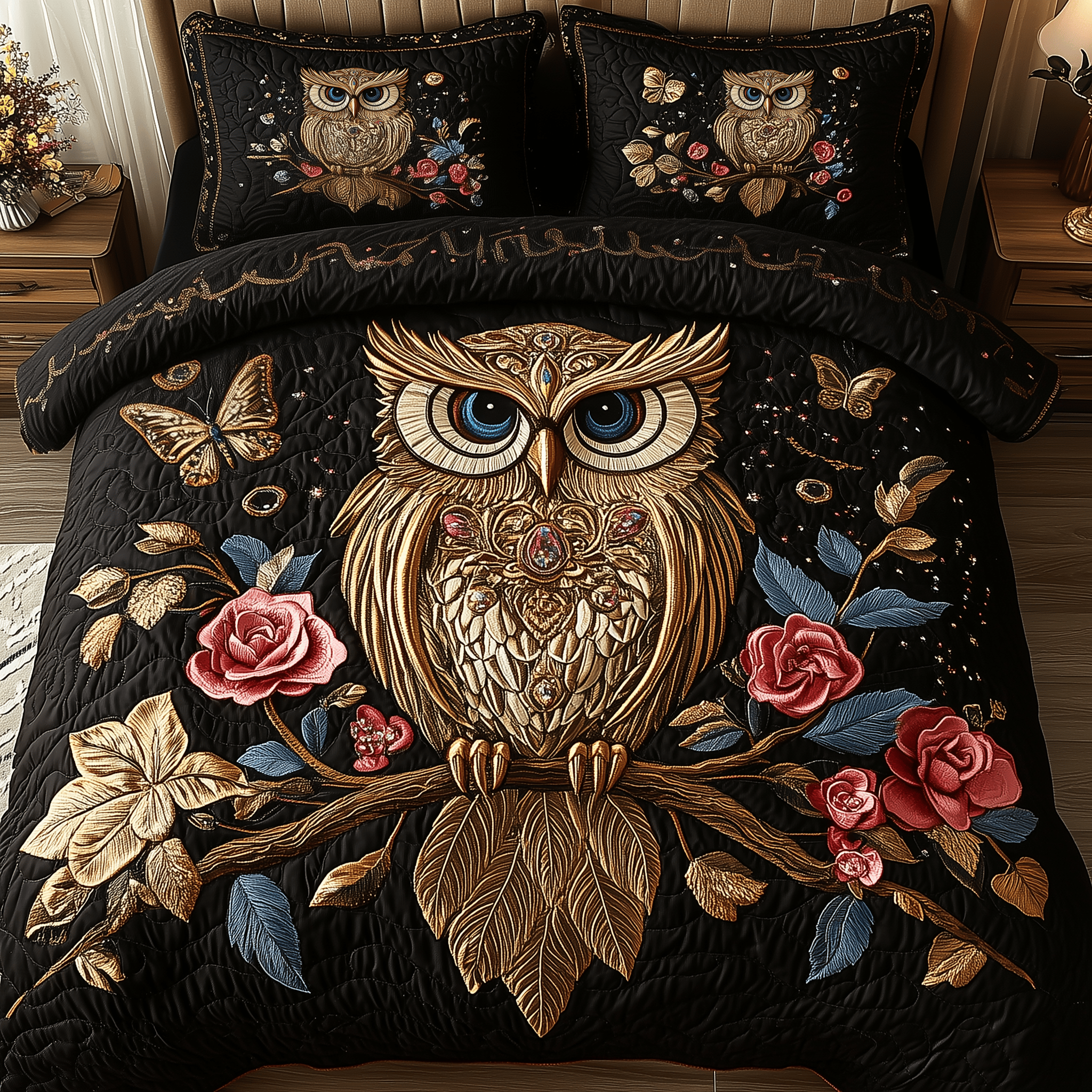 Majestic Owl Bloom Quilted Bedding Set Duvet Cover Bedspread Set Items Owl Gifts For Adults