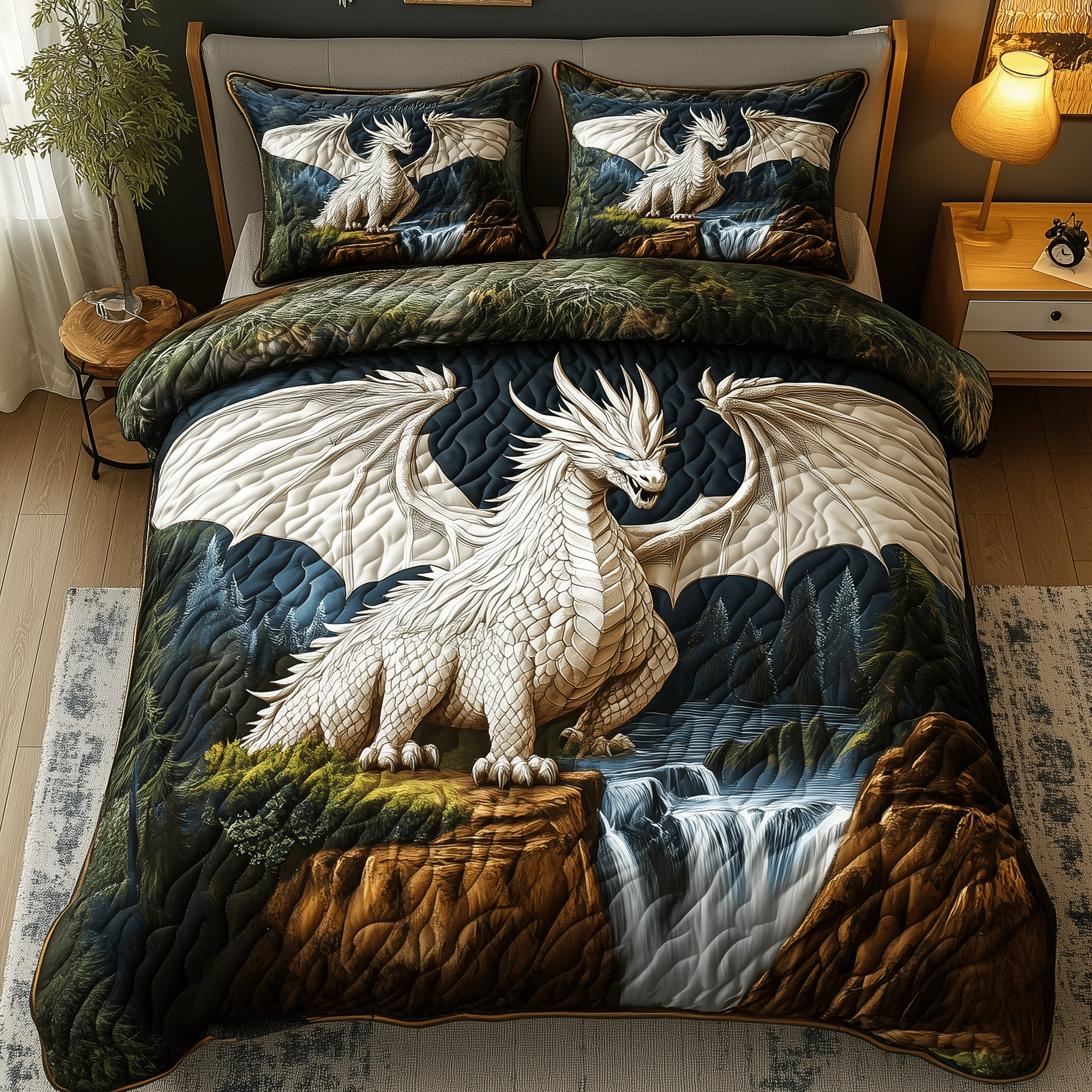 Majestic White Dragon Quilted Bedding Set Unique Valentines Duvet Cover Set Dragon Gifts For Men