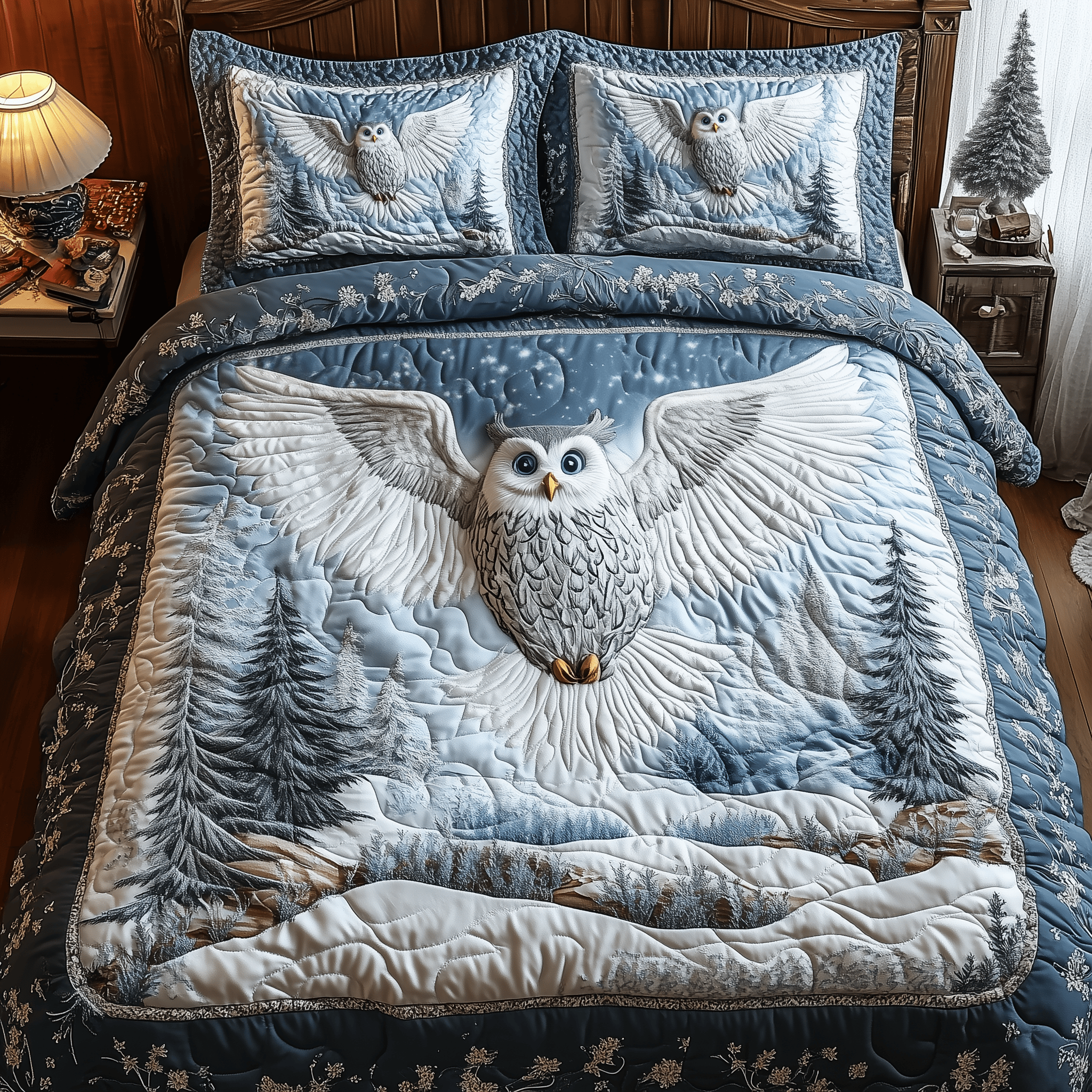 Majestic Winter Owl Quilted Bedding Set Duvet Cover Bedspread Set Items Gift For Owl Lover