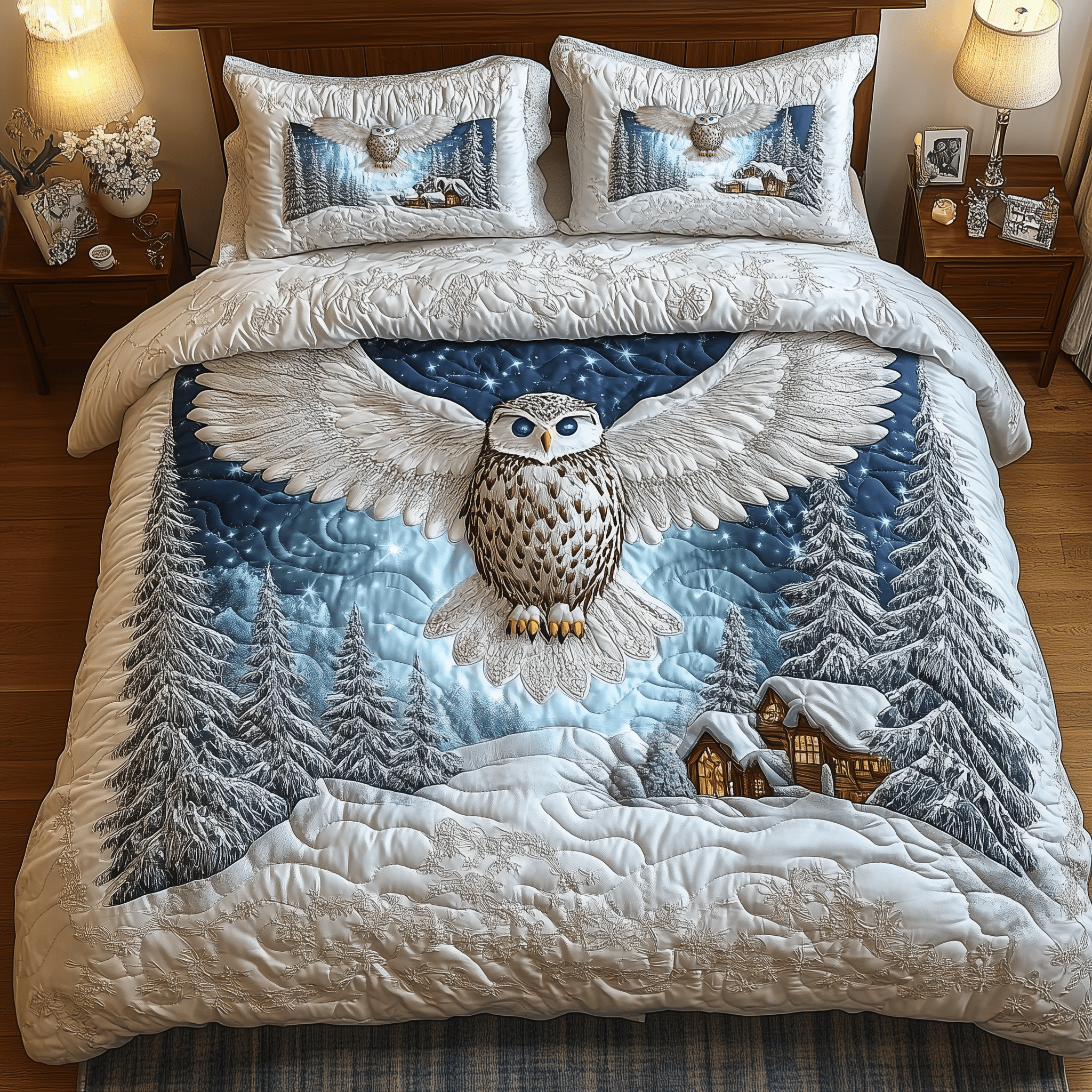 Majestic Winter Owl Quilted Bedding Set Duvet Cover Bedspread Set Items Owl Gifts For Her