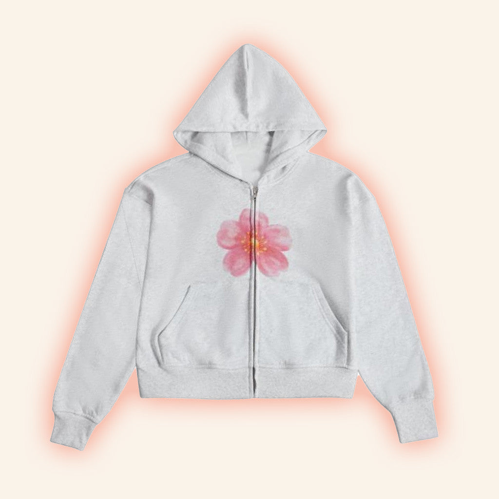 Mandy's Merch Flower Gray Zip Hoodie Gifts For Girlfriend