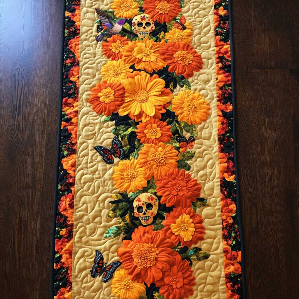Marigold Skulls Quilted Table Runner Dining Home Decorations Themed Skull Items For Gifts