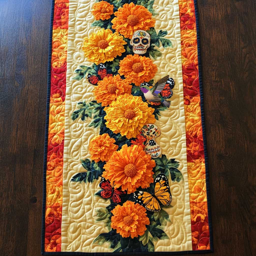 Marigold Skulls Quilted Table Runner Dining Home Decorations Themed Skull Items For Gifts