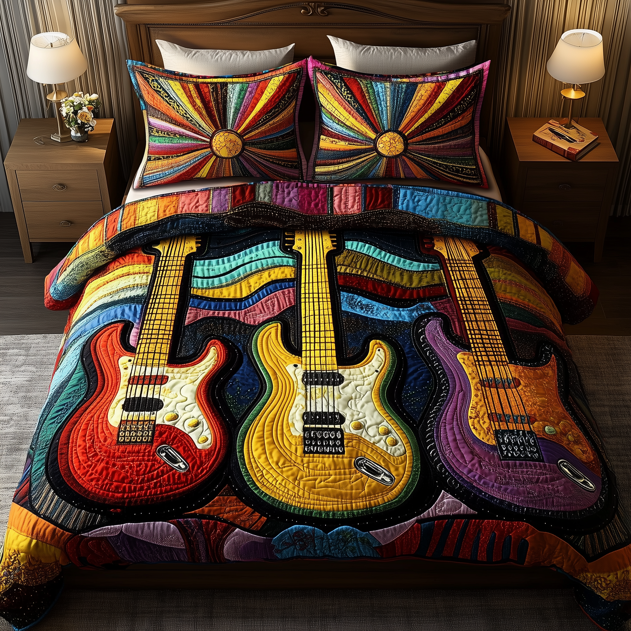 Melody Of Colors Guitar Quilted Bedding Set Duvet Cover Bedspread Set Item Great Gifts For Mom