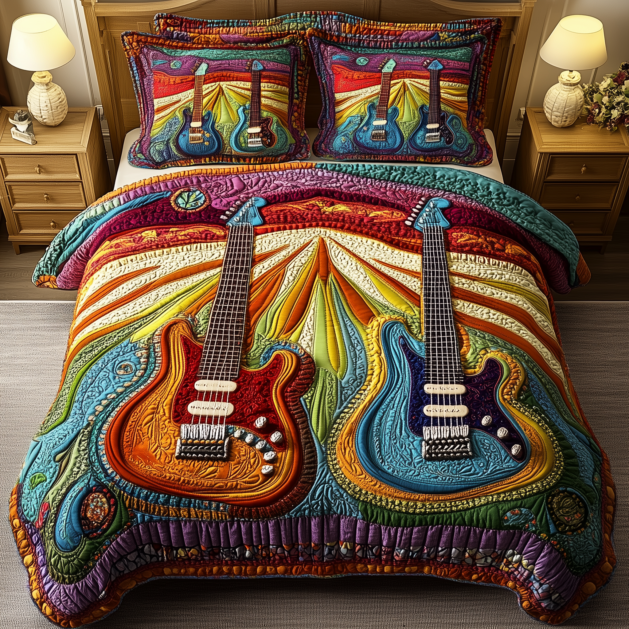 Melody Of Colors Guitar Quilted Bedding Set Duvet Cover Bedspread Set Item Great Mother's Day Gifts