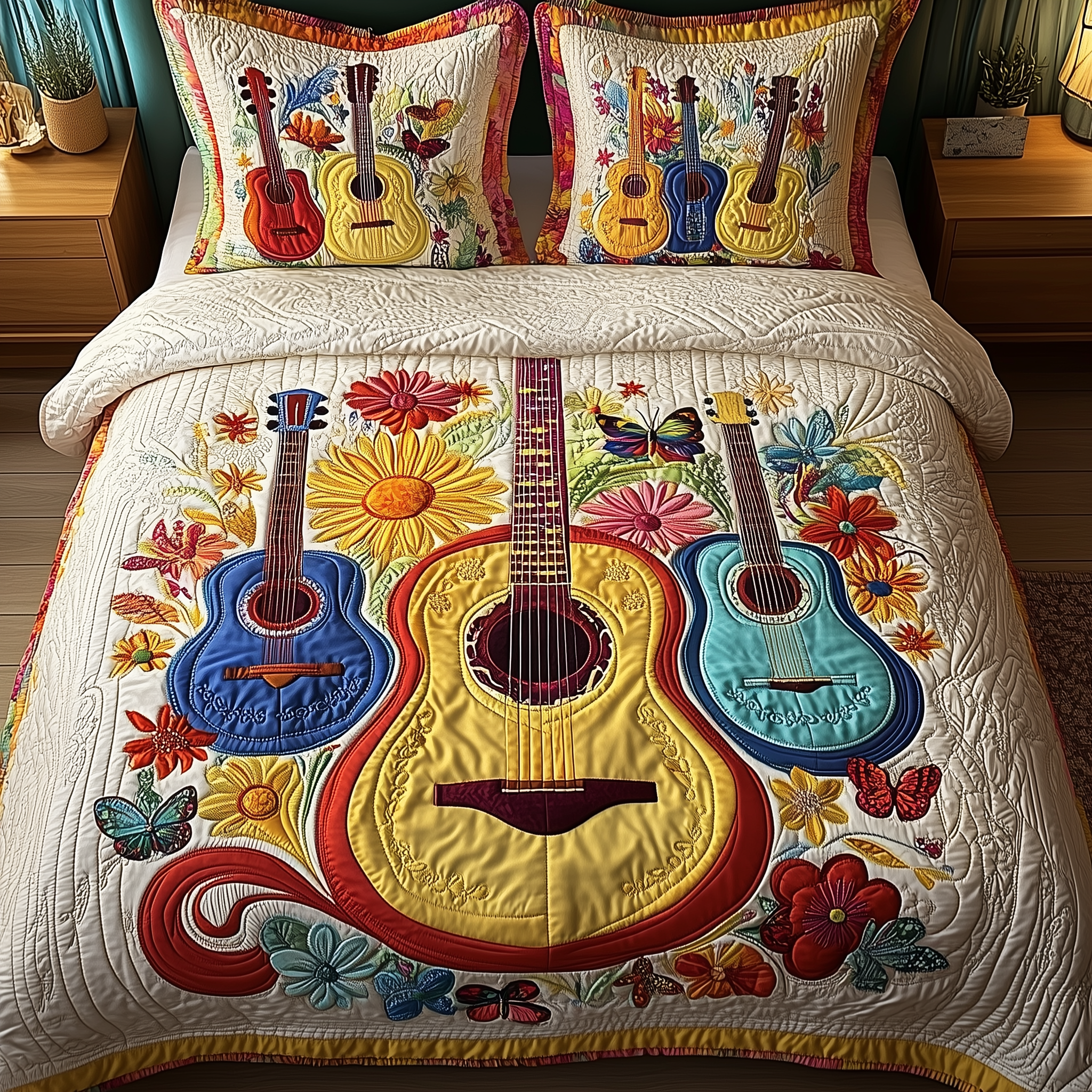 Melody Of Colors Guitar Quilted Bedding Set Duvet Cover Bedspread Set Item Mother Daughter Gifts
