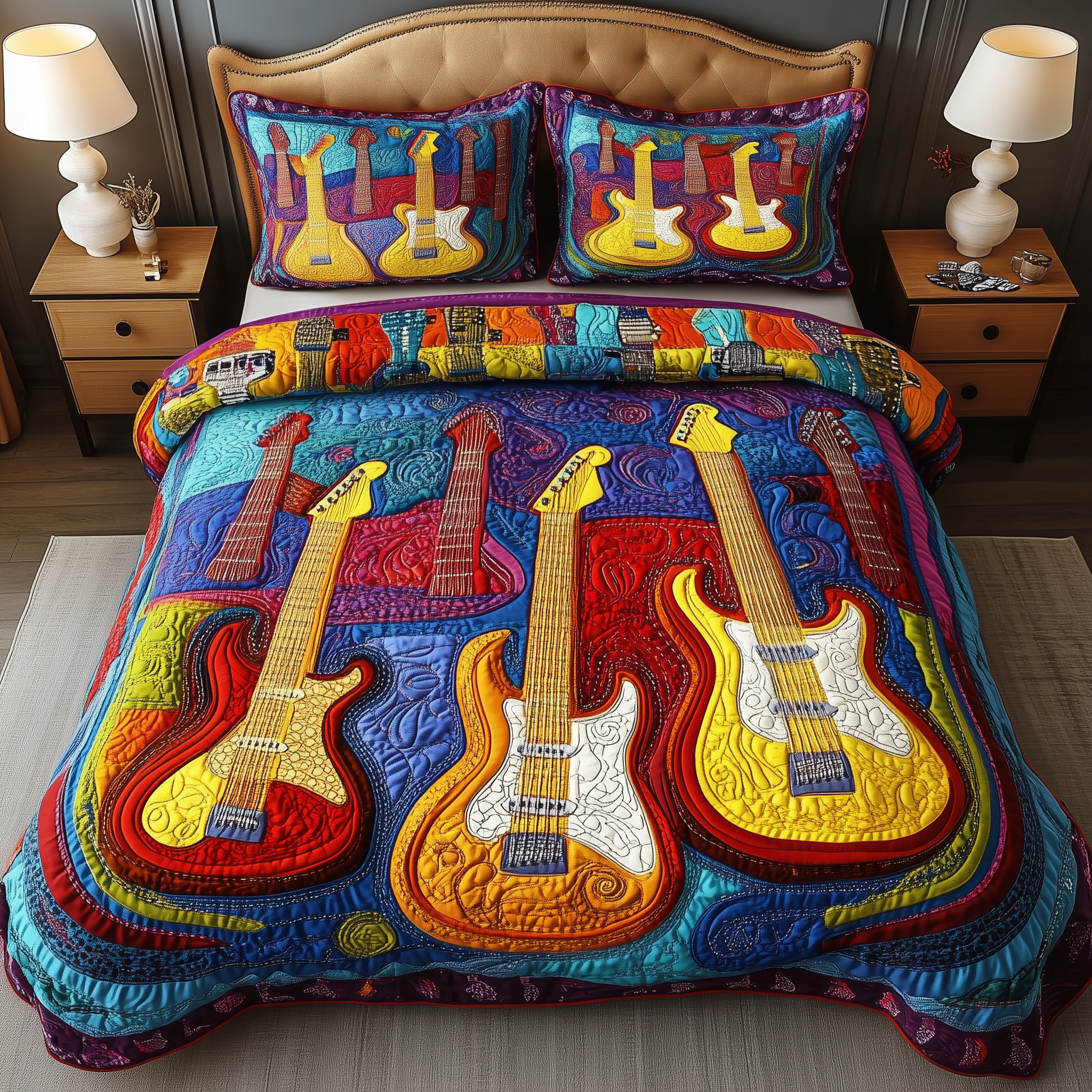 Melody Of Colors Guitar Quilted Bedding Set Duvet Cover Bedspread Set Item Sentimental Gifts For Mom