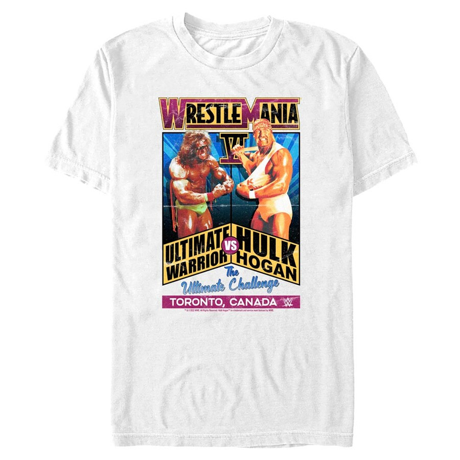 Men's Mad Engine White The Ultimate Warrior & Hulk Hogan Wrestlemania Vi The Ultimate Challenge T-shirt Rest In Power Hulk Hogan Gift