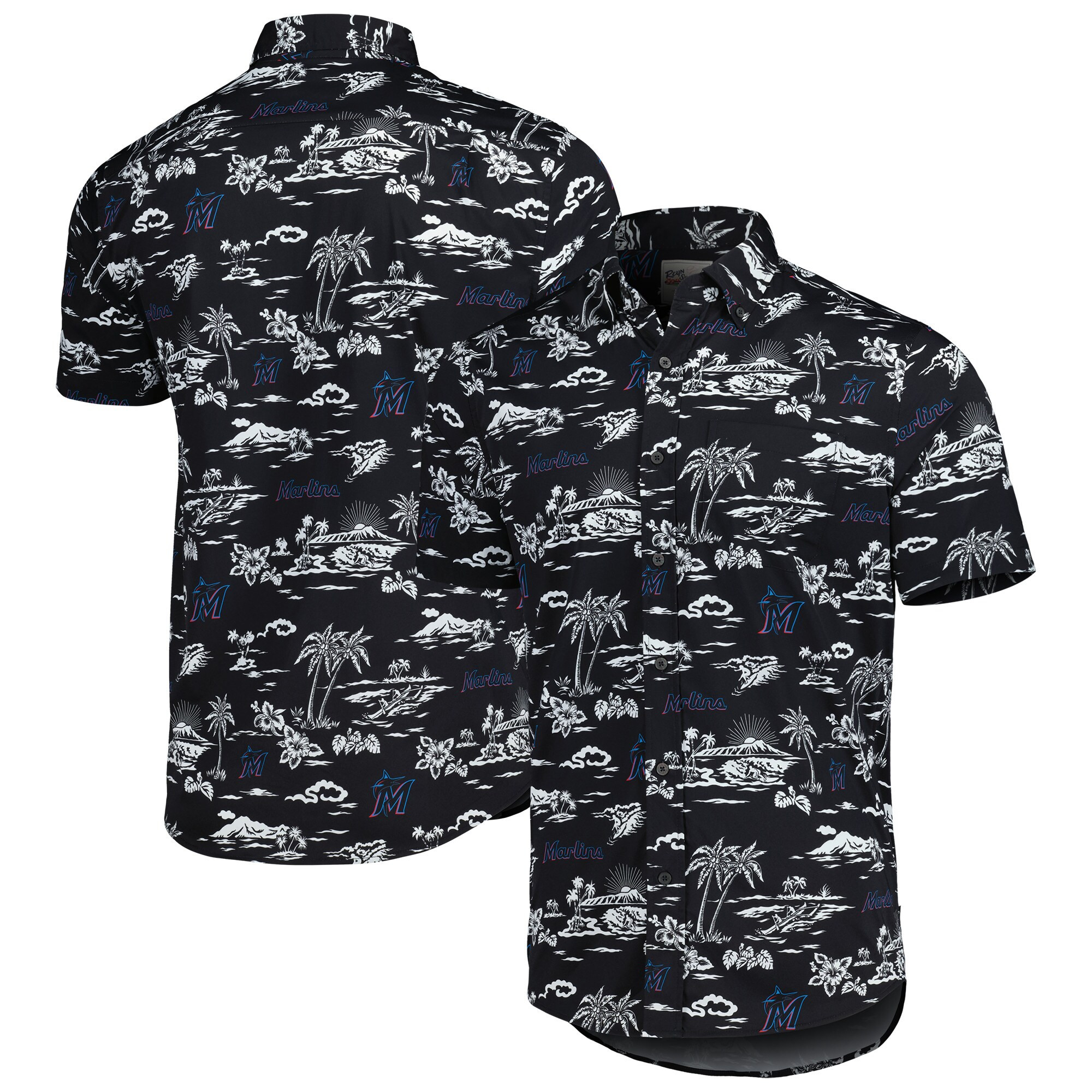 Mens Miami Marlins Reyn Spooner Black Hawaiian Shirt Merch Gift For Game Day Fans