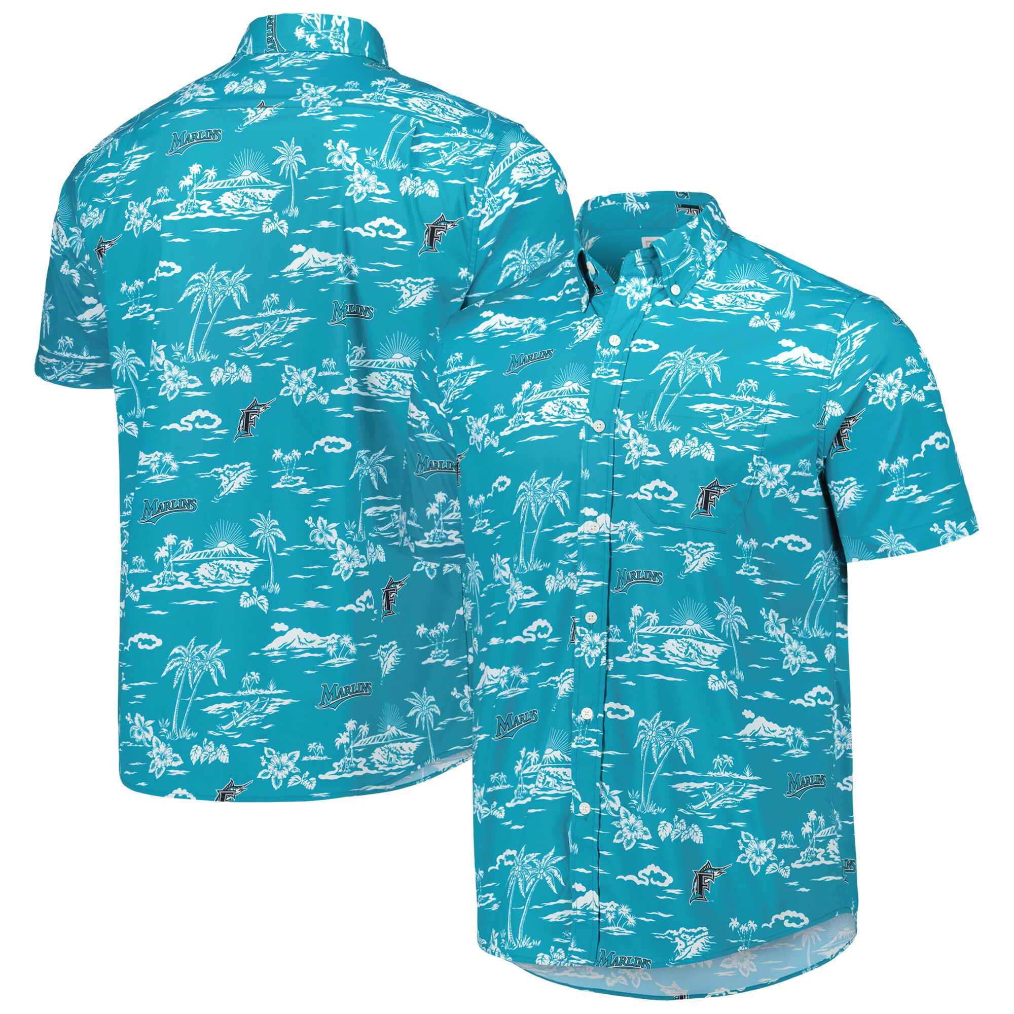 Mens Miami Marlins Reyn Spooner Teal Hawaiian Shirt Merch Gift For Baseball Fans