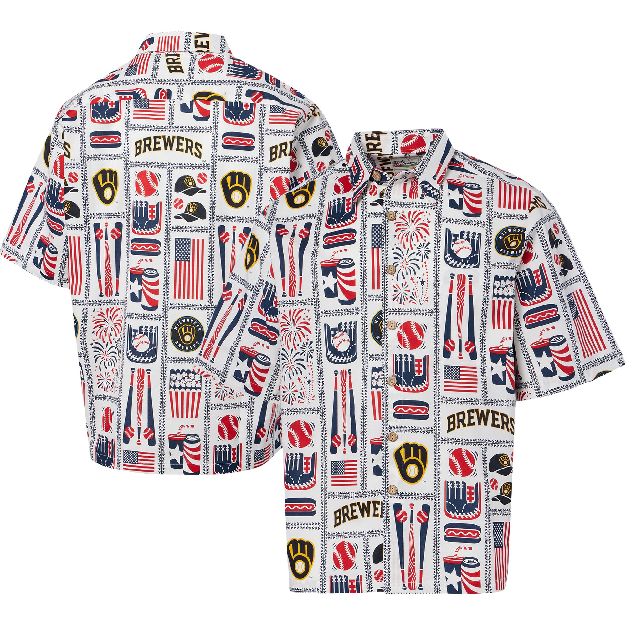 Mens Milwaukee Brewers Reyn Spooner White Americana Hawaiian Shirt Fan Merch Gift