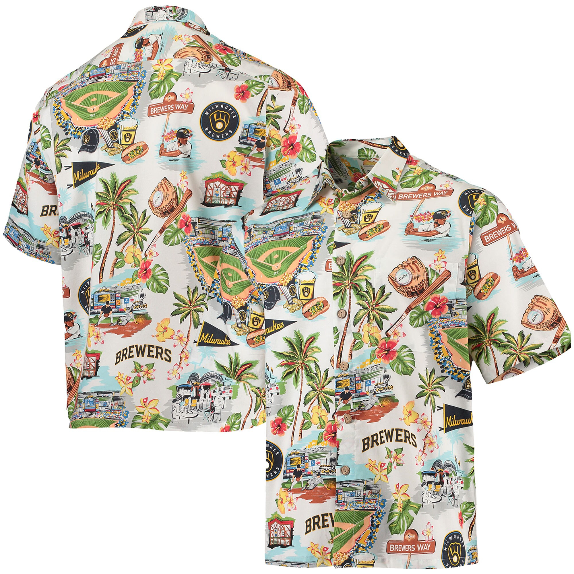Mens Milwaukee Brewers Reyn Spooner White Scenic Hawaiian Shirt Fan Merch Gift