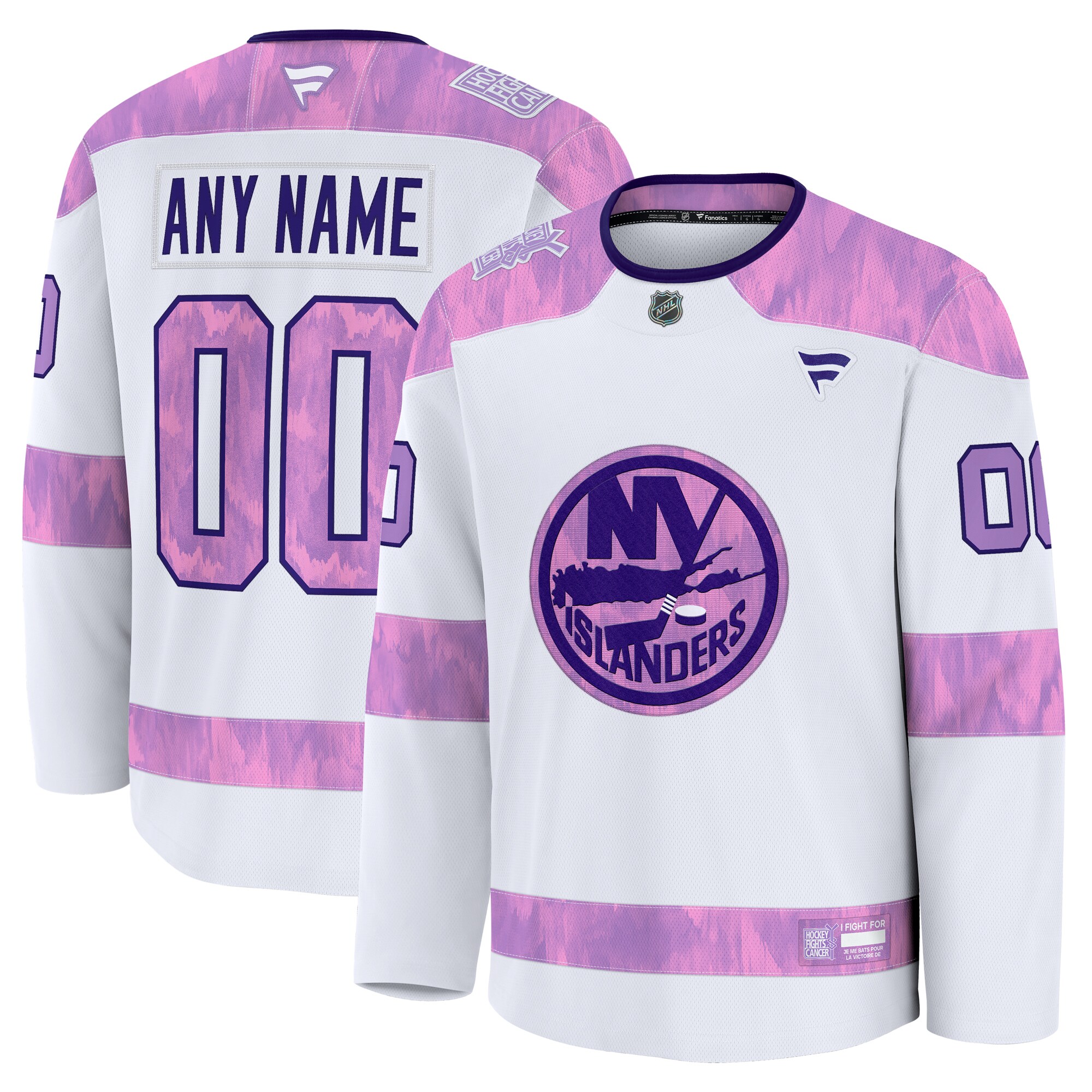 Men's New York Islanders White 2024 Hockey Fights Cancer Custom Practice Jersey - JS983