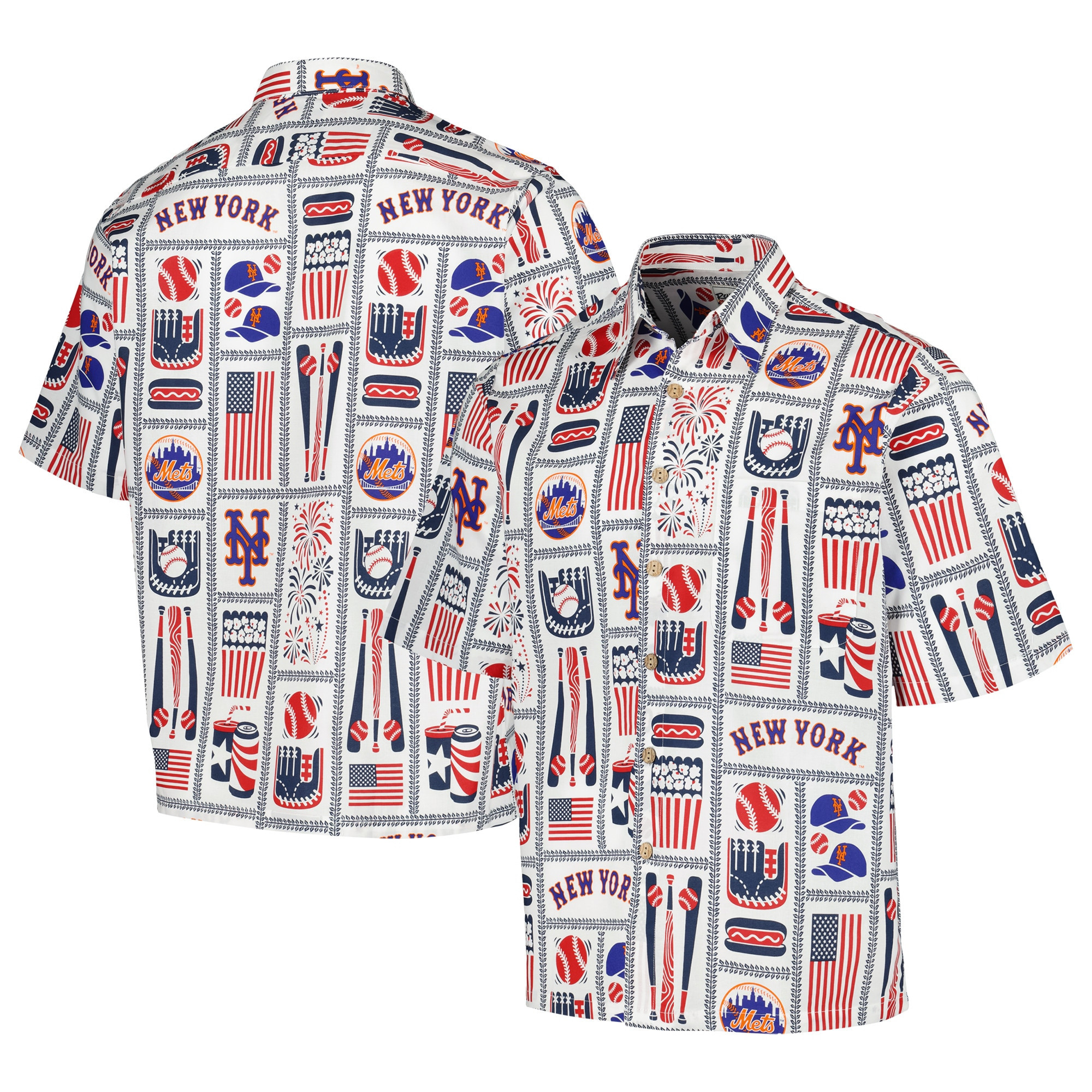 Mens New York Mets Reyn Spooner White Americana Hawaiian Shirt Merch Gift For MLB Supporters