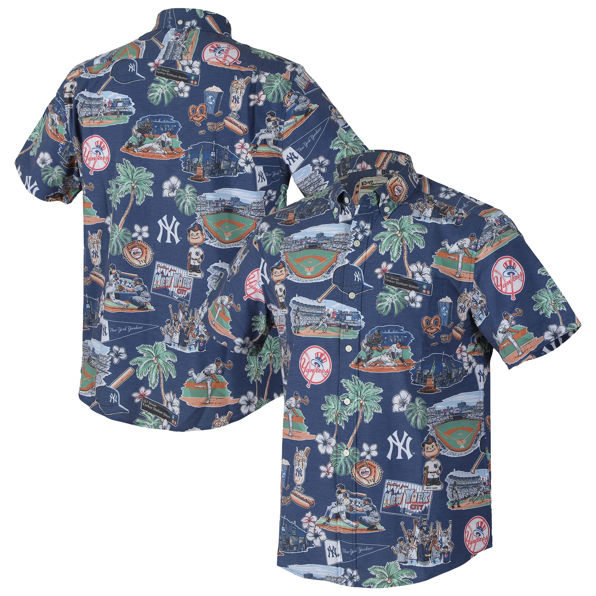 Mens New York Yankees Reyn Spooner Navy Scenic Triblend Hawaiian Shirt Merch Gift For Baseball Fans