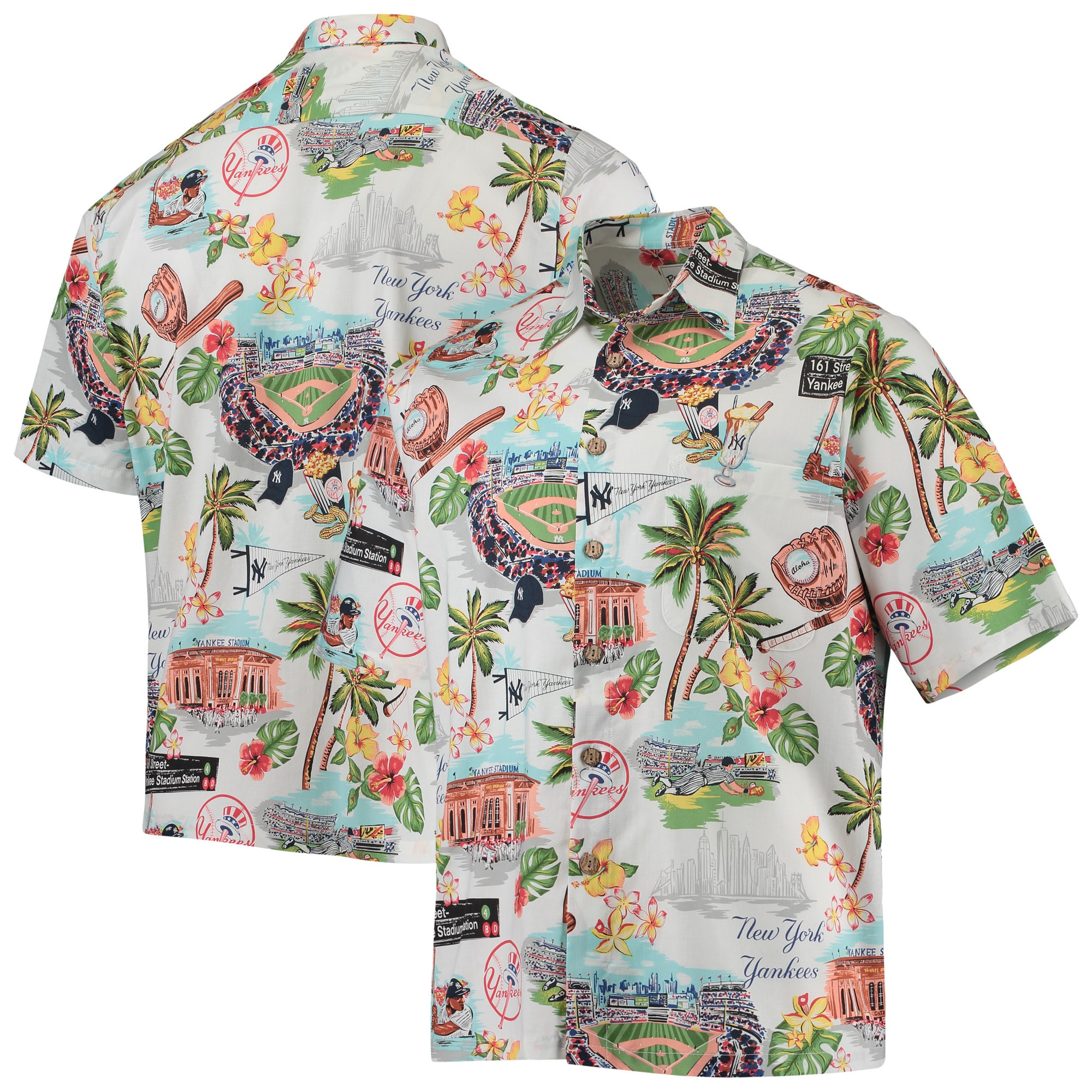 Mens New York Yankees Reyn Spooner White Scenic Hawaiian Shirt Fan Merch Gift