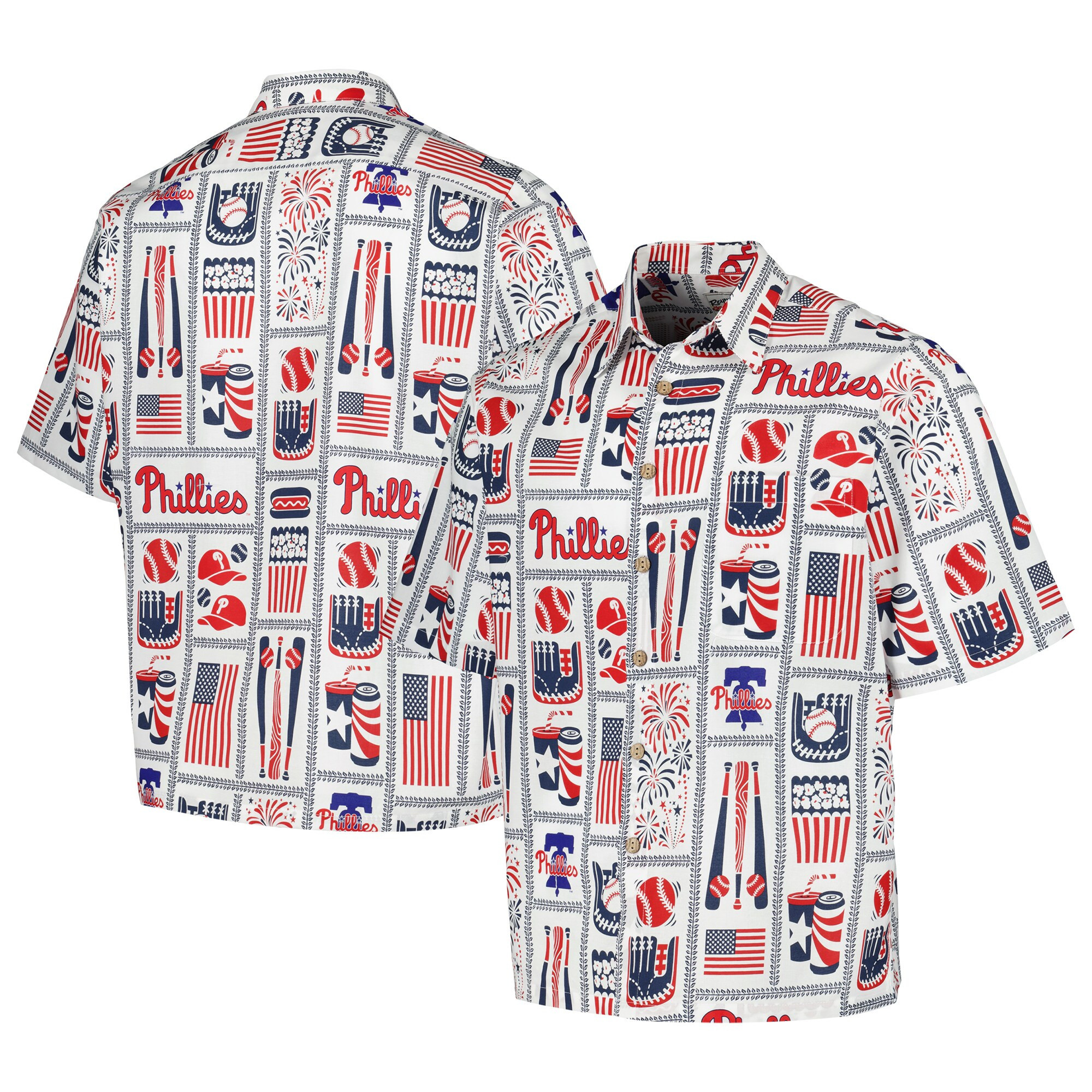 Mens Philadelphia Phillies Reyn Spooner White Americana Hawaiian Shirt Merch Gift For Baseball Fans