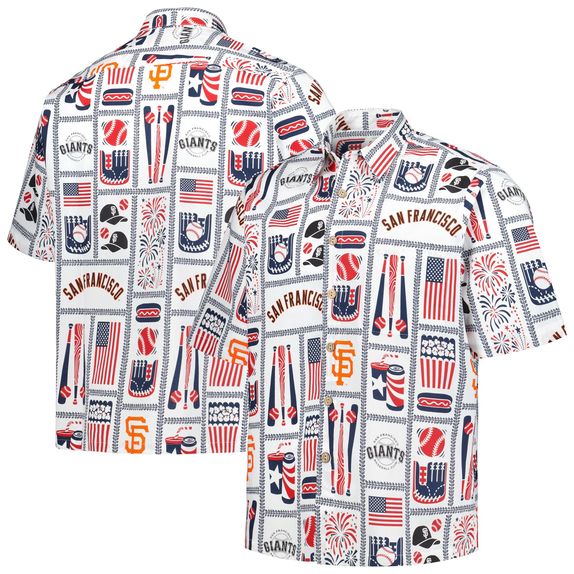 Mens San Francisco Giants Reyn Spooner White Americana Hawaiian Shirt Merch Gift For Dad