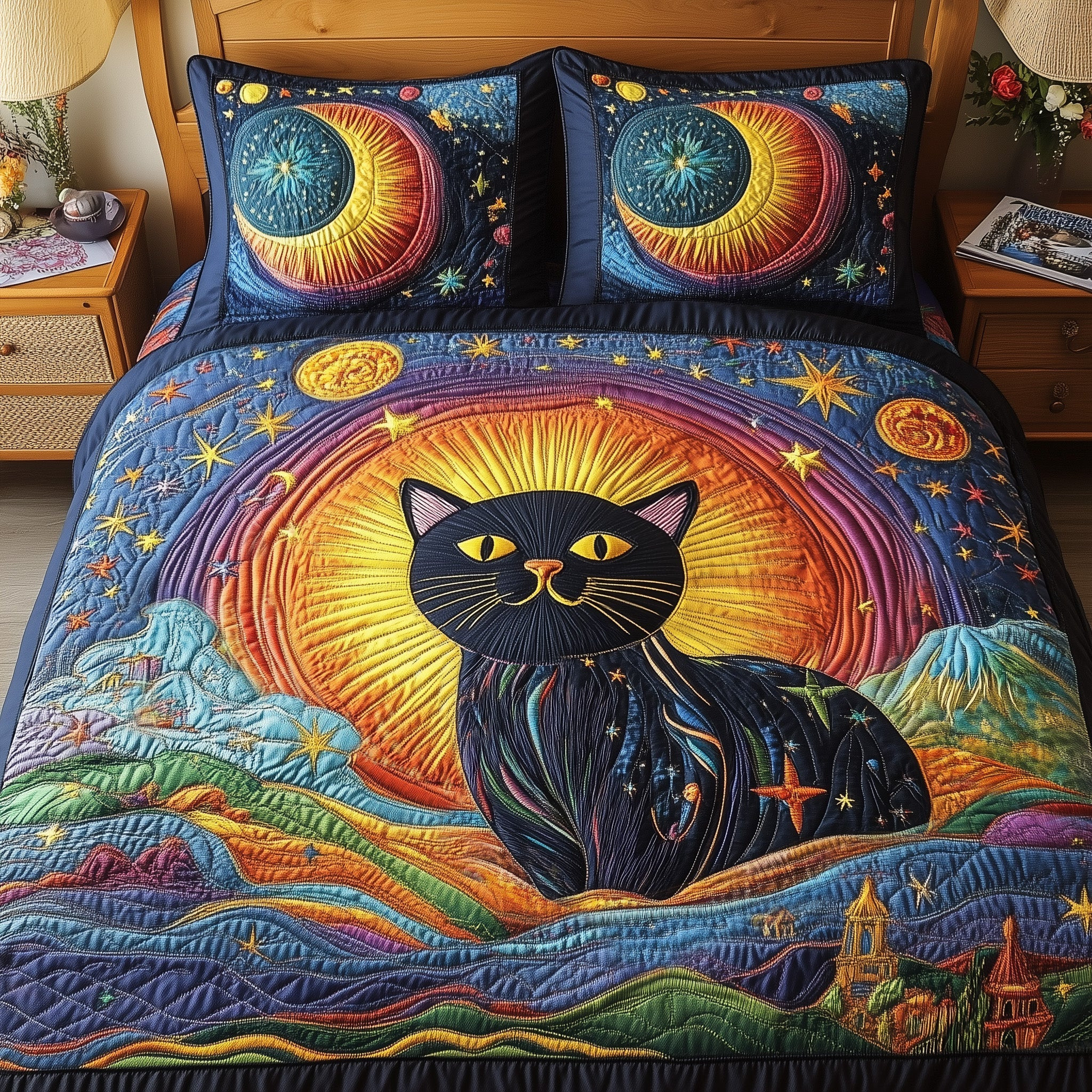Meow Among the Stars Quilted Bedding Set Duvet Cover Bedspread Set Item Gift Ideas For Cat Lovers