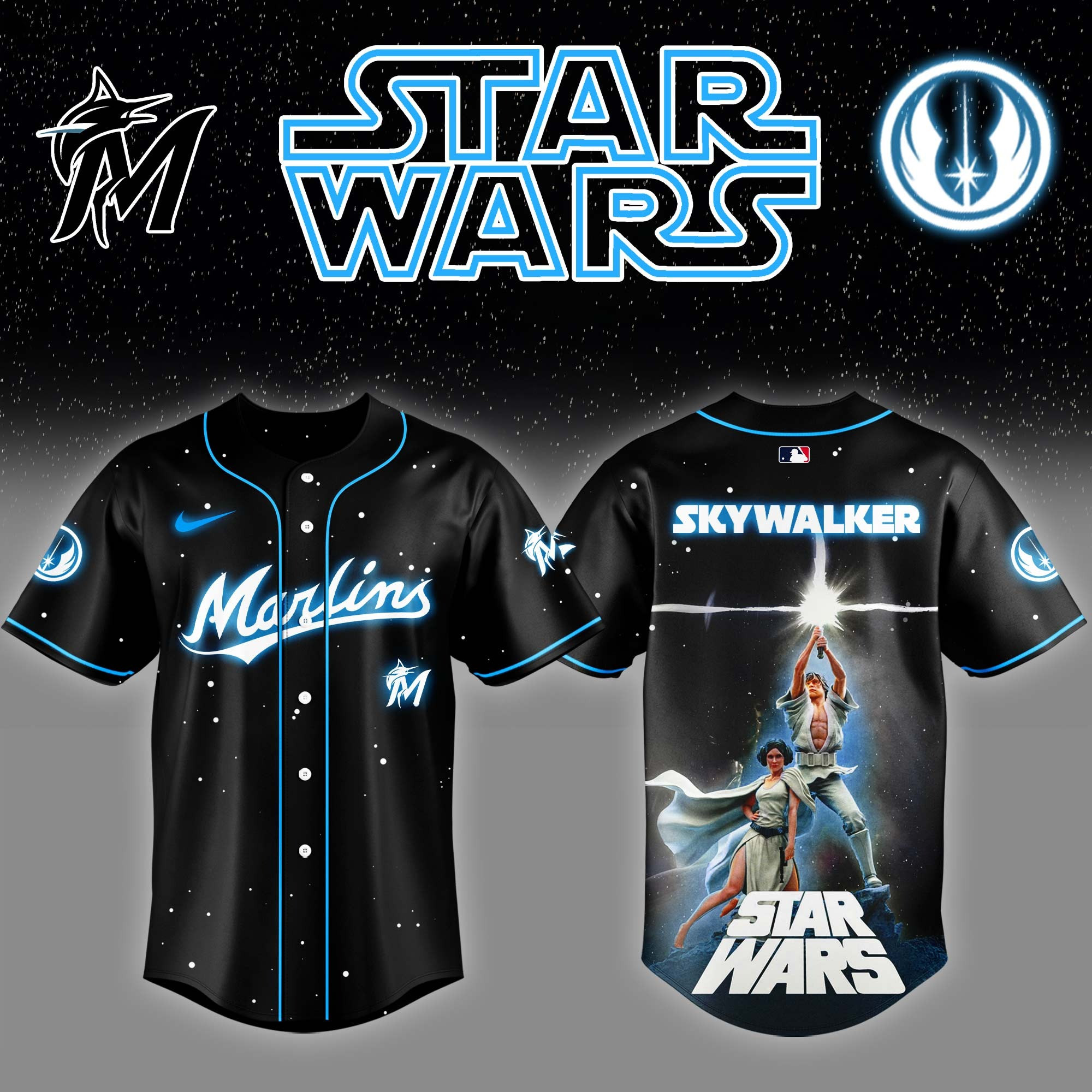 Miami Marlins x Star Wars Luke Skywalker Game Night Baseball Jersey Baseball Team Gift Ideas