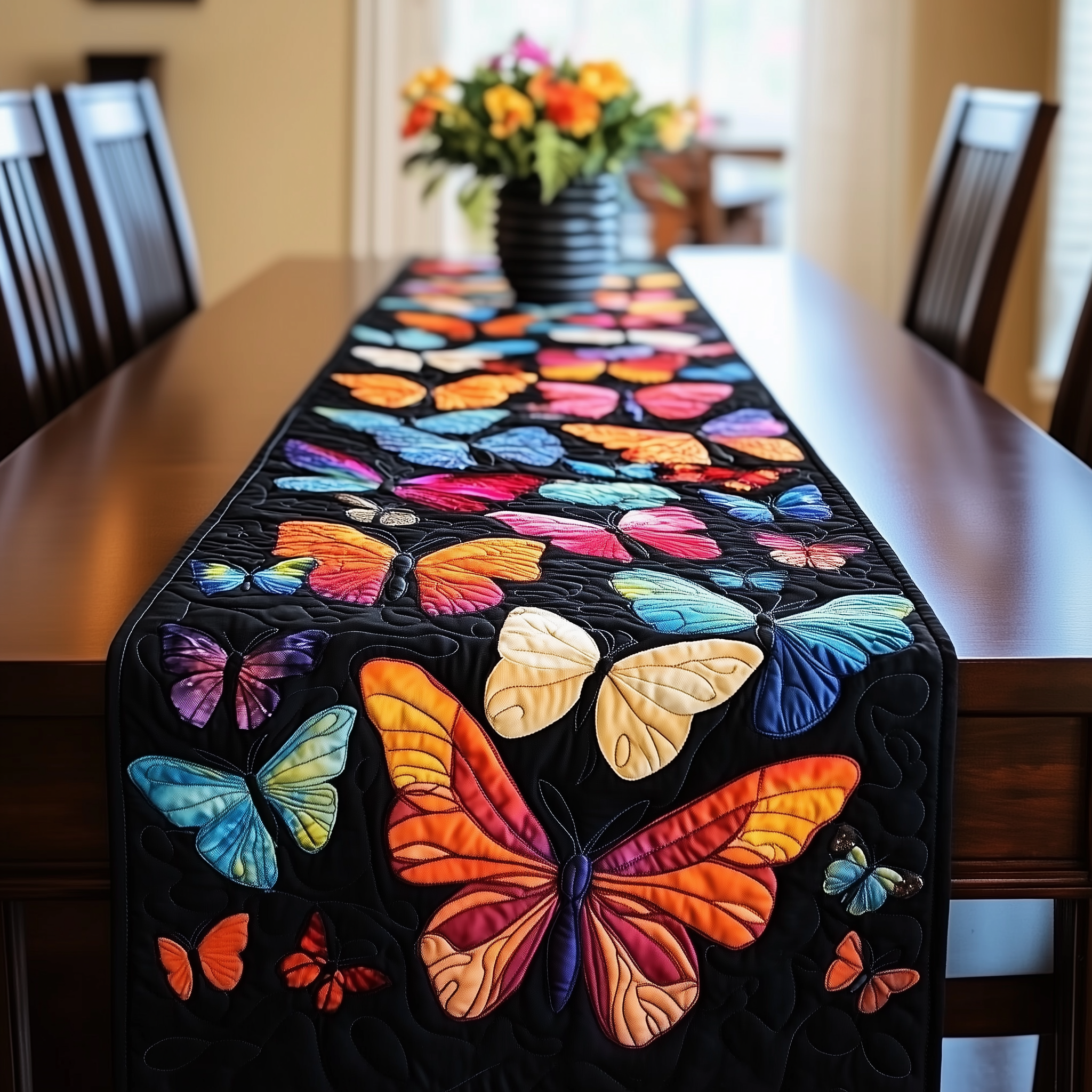 Midnight Butterflies Quilted Table Runner Add Beauty and Tranquility with Midnight Butterflies