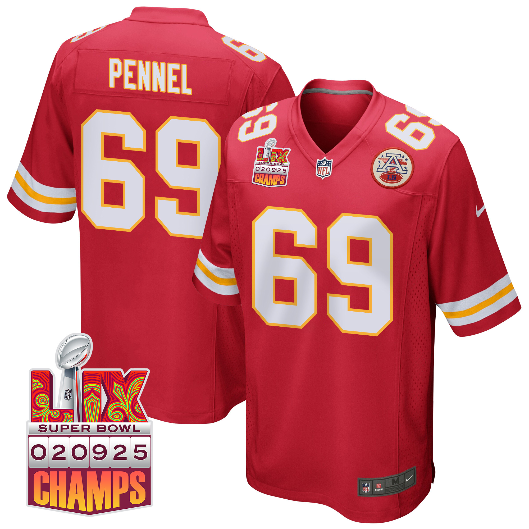 Mike Pennel 69 Kansas City Chiefs Super Bowl LIX Champions Patch Game Men Jersey - Red - JS366