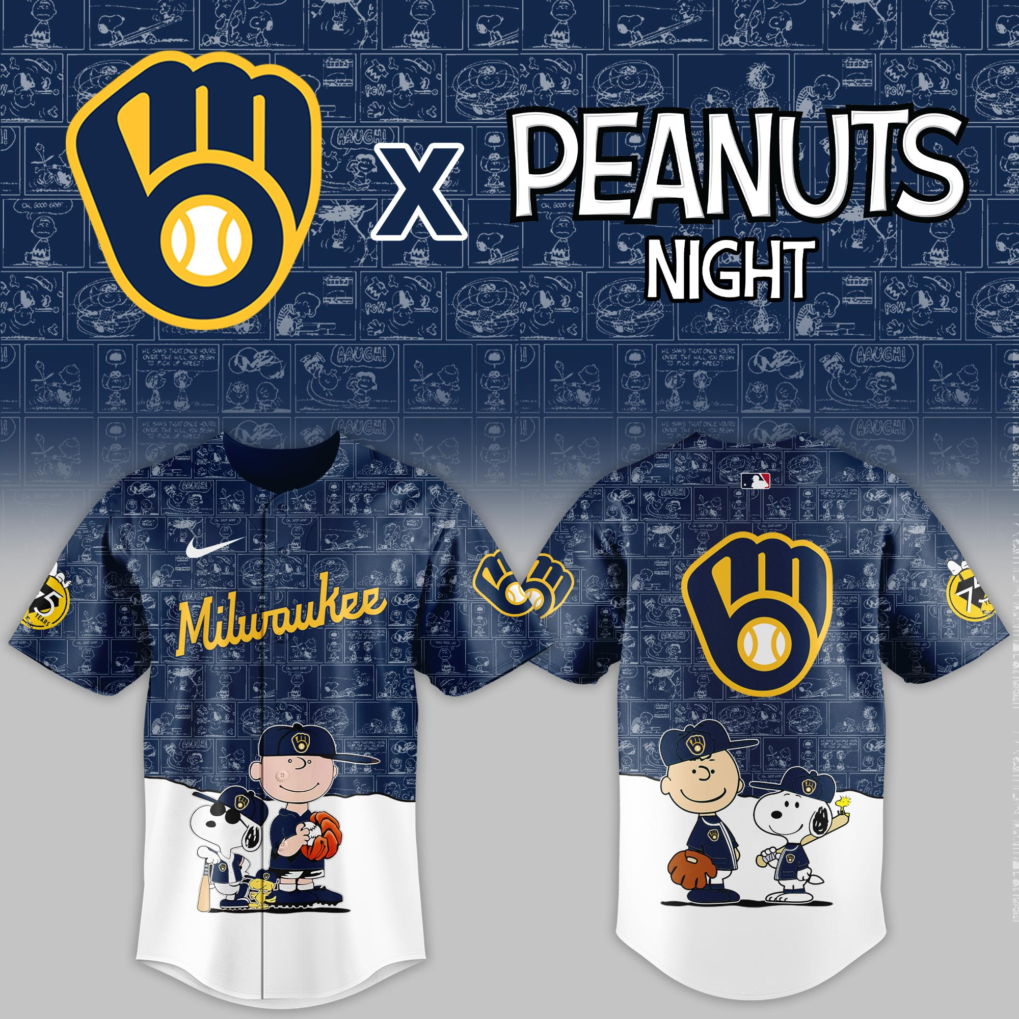 Milwaukee Brewers Mlb X Peanuts Night Baseball Jersey For Fan