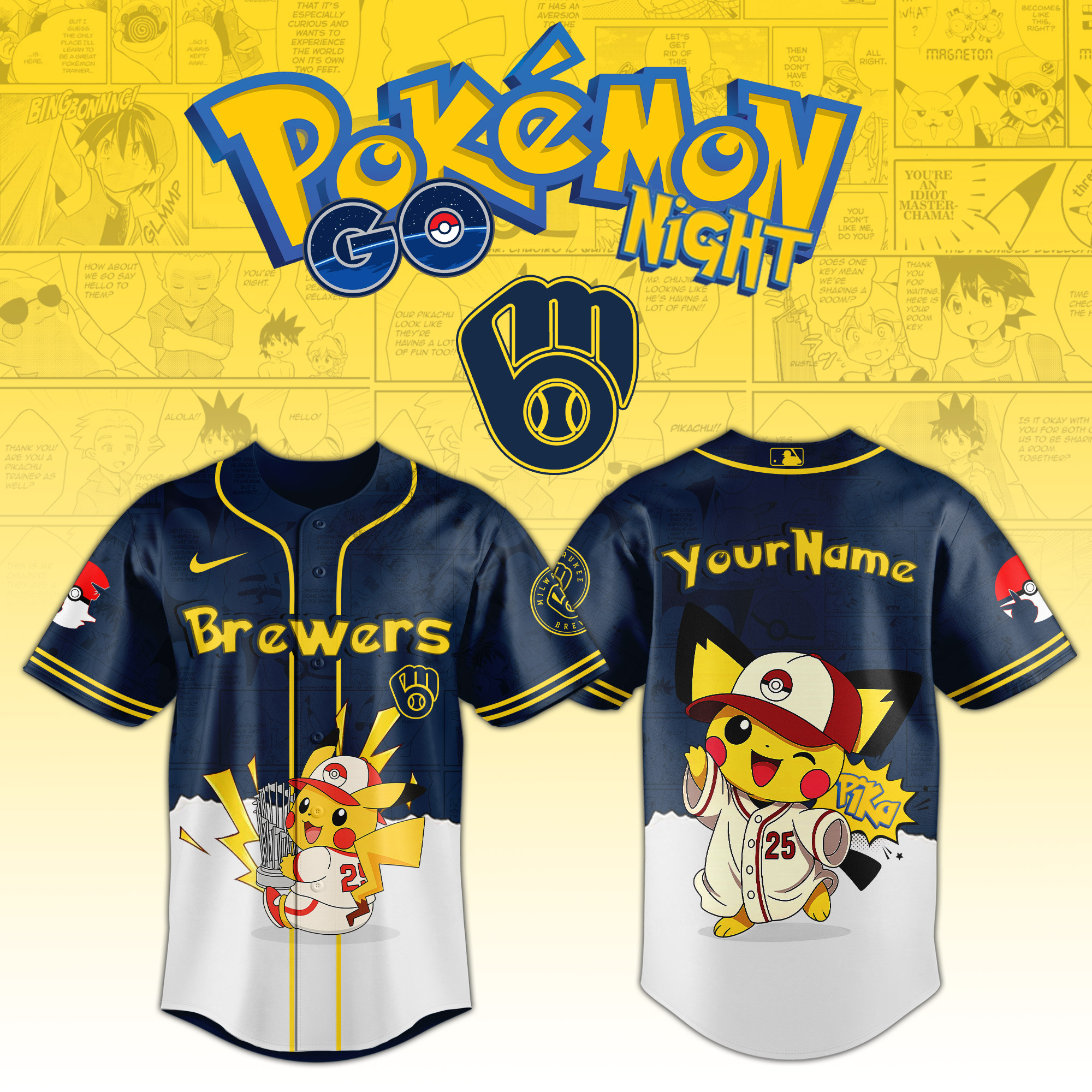 Milwaukee Brewers Mlb X Pokemon Go Night Personalized Baseball Jersey For Fans
