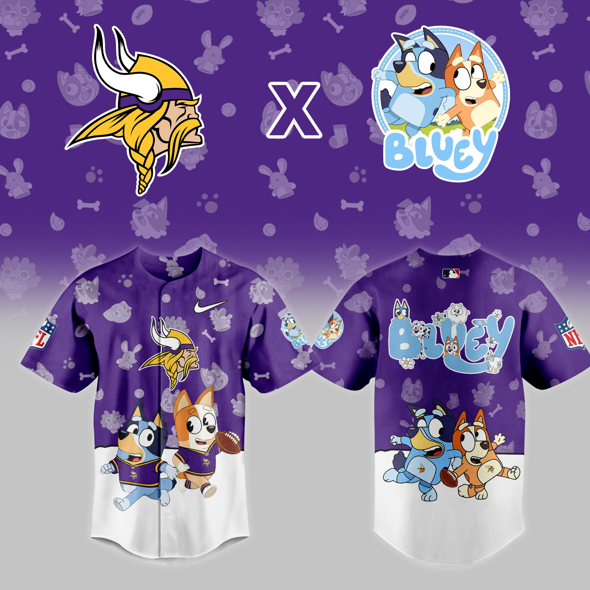Minnesota Vikings Nfl X Bluey Night Baseball Jersey For Fans