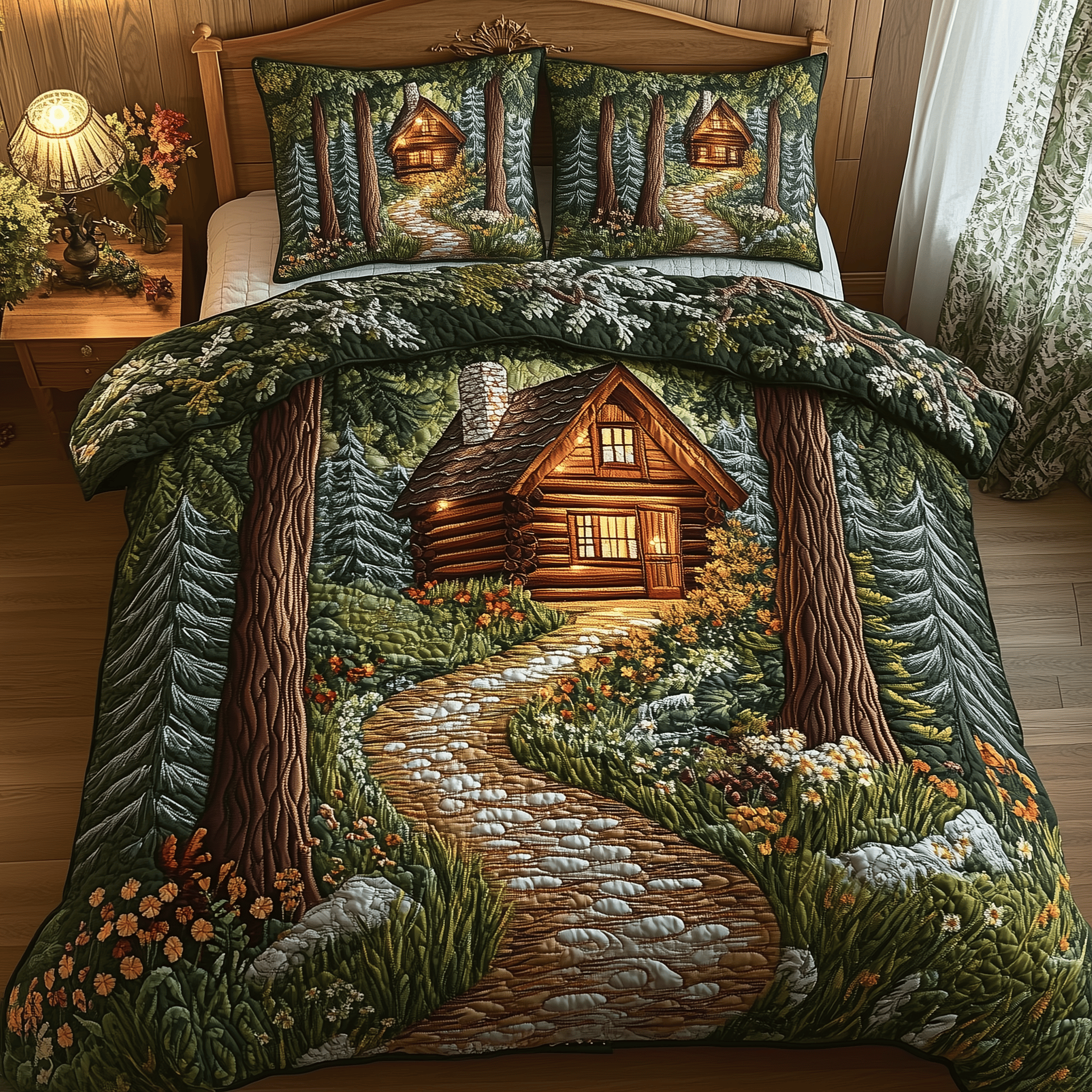 Mistique Forest Log Cabin Quilted Bedding Set Best Duvet Cover Bedspread Set Gifts For Mother In Law