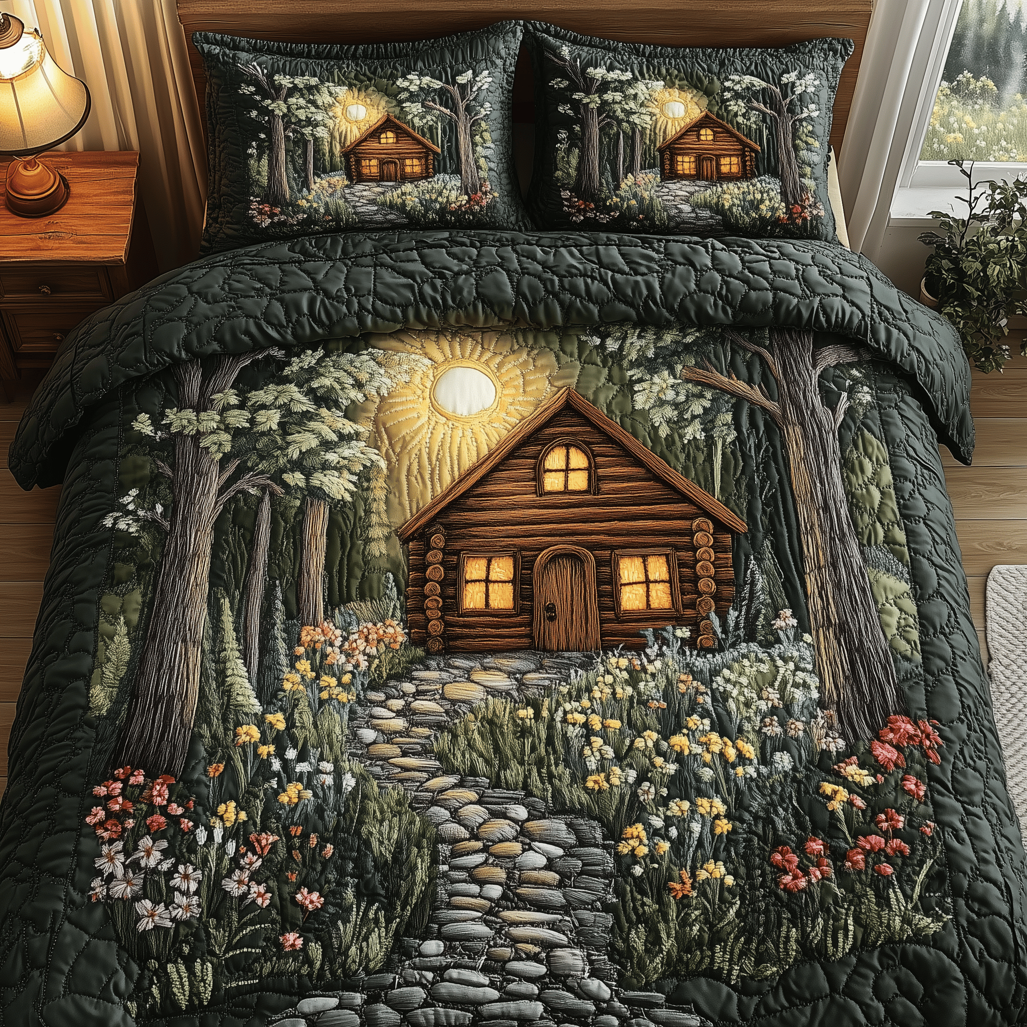 Mistique Forest Log Cabin Quilted Bedding Set Best Duvet Cover Bedspread Set Good Mothers Day Gifts