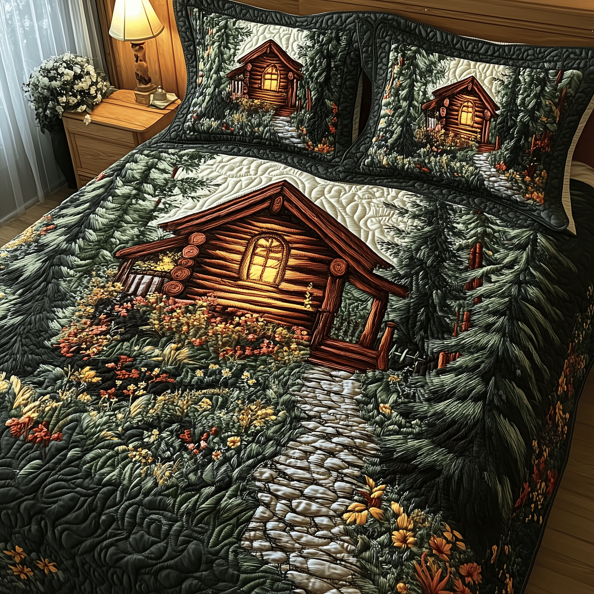 Mistique Forest Log Cabin Quilted Bedding Set Best Duvet Cover Bedspread Set Mother'sDay Gifts 2025