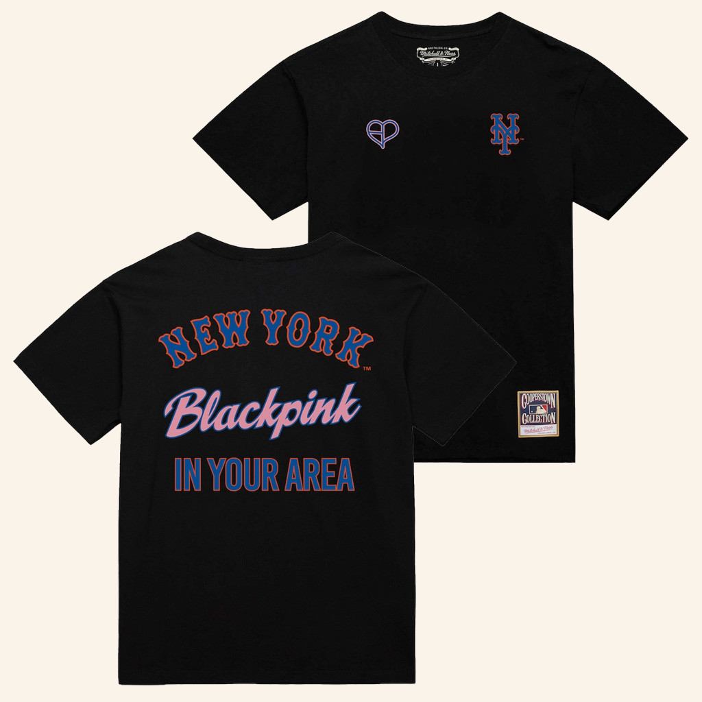 MLB Black Pink Merch New York Mets Mitchell And Ness x BLACKPINK Black T-Shirt Gifts For Fans