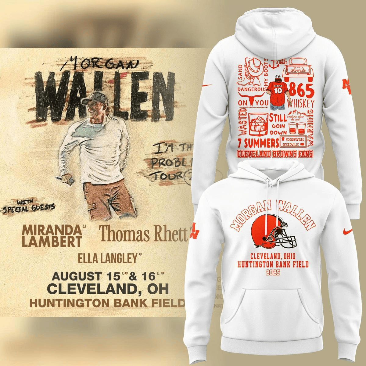 Morgan Wallen X Cleveland Browns 2025 Tour White Hoodie Fan Merch Dad Gifts