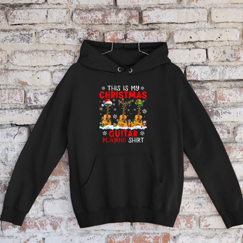 My Christmas Guitar Playing Shirt Three Santa Instruments Hoodie