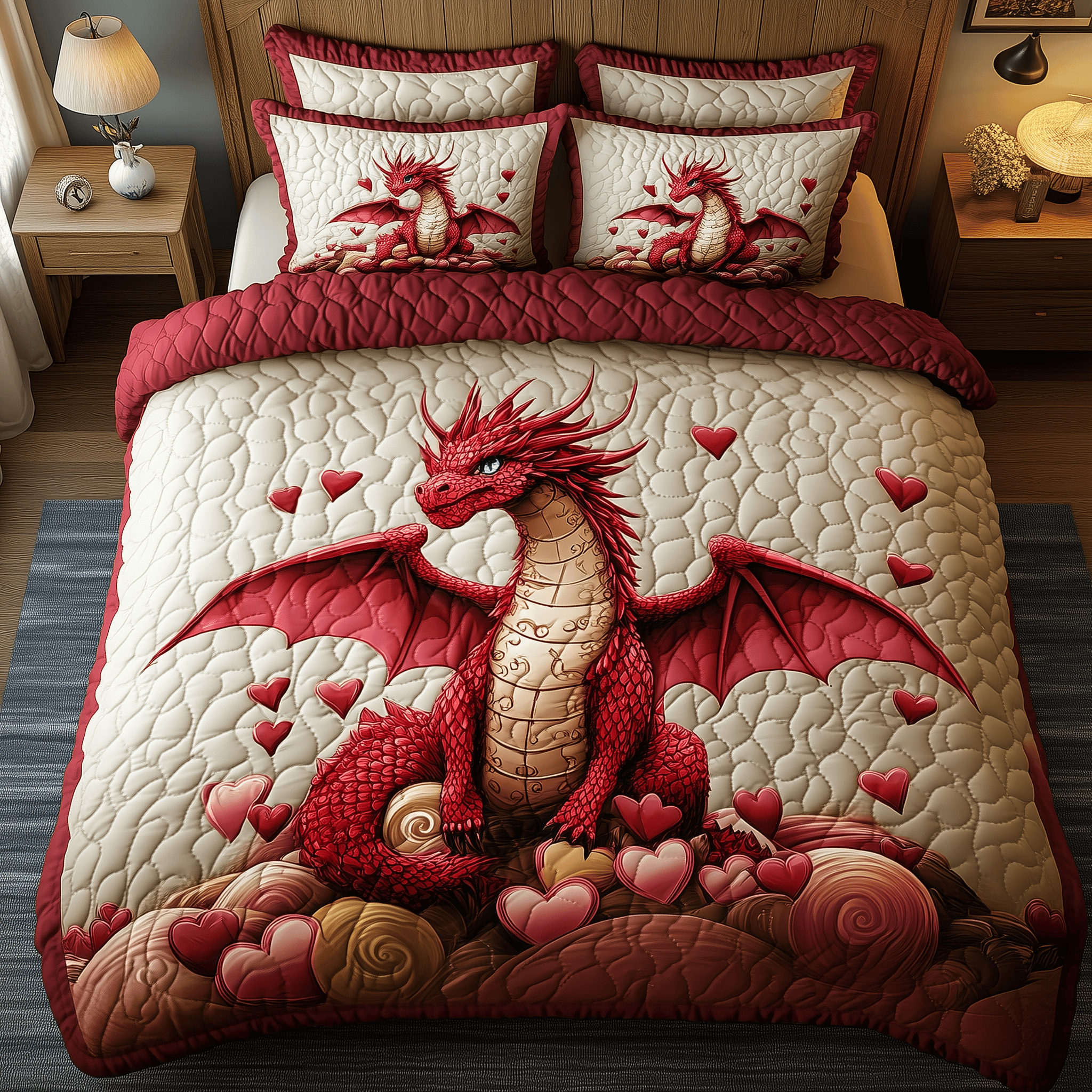Mystical Dragon Hearts Quilted Bedding Set Unique Valentines Duvet Cover Set Unique Dragon Gifts
