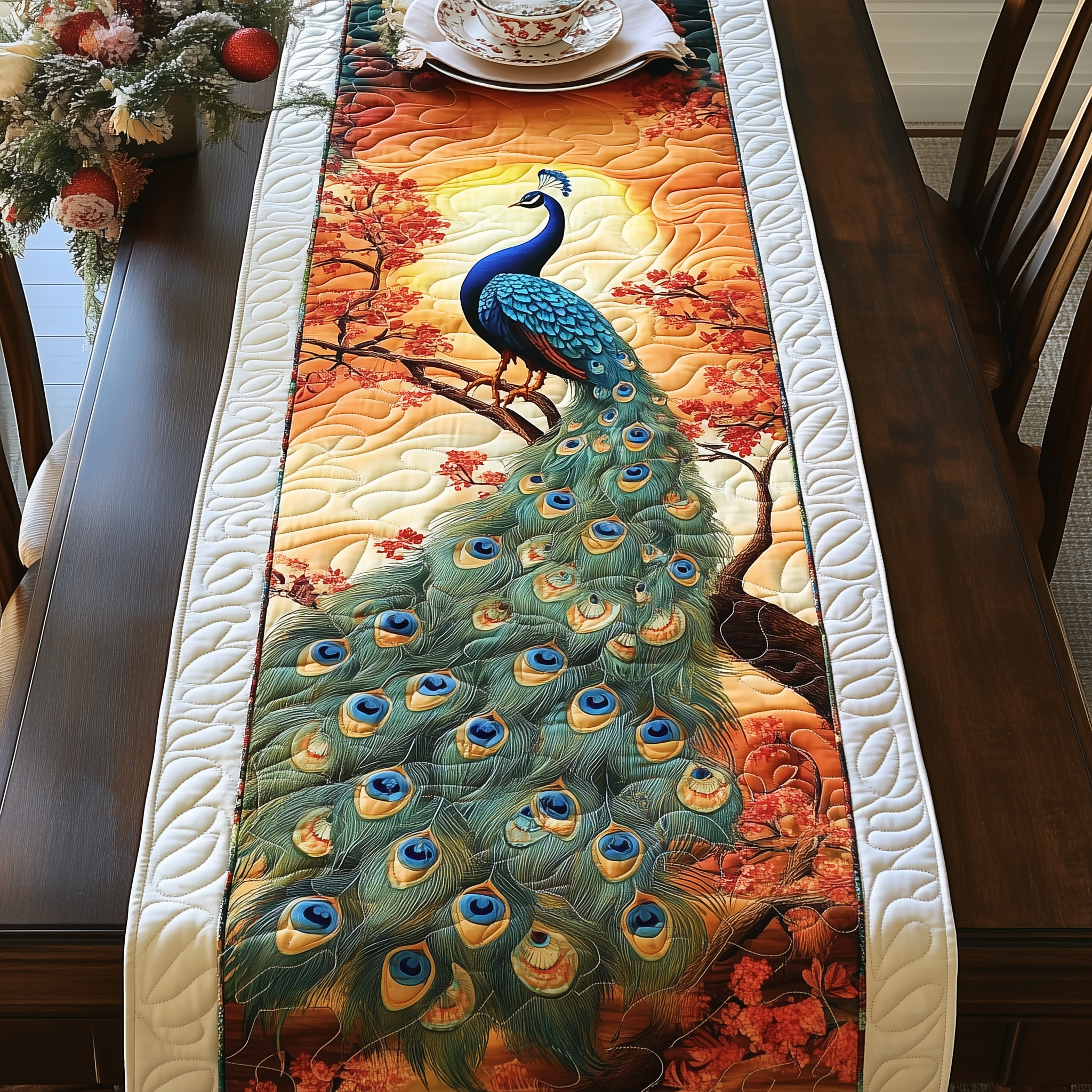 Mystical Twilight Peacock Quilted Table Runner Embrace the Beauty of a Twilight Peacock Design